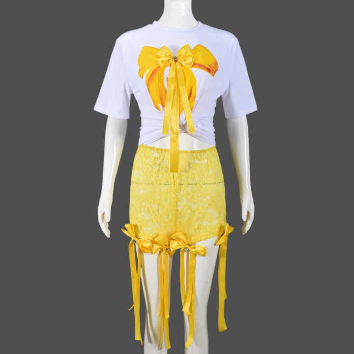 CM.YAYA Women's Set Bow O-Neck short sleeve Tops and lace Shorts Suits Streetwear Casual Two 2 Piece Outfits Tracksuits Summer