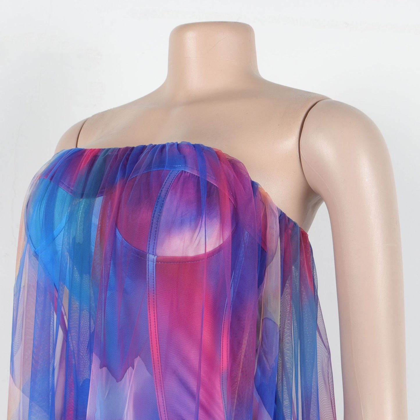CM.YAYA Women Sleeveless Tie Dye Print Strapless Mesh Bodycon Midi Long Maxi Dress 2025 Birthday Club Party Vestido Sexy Dresses