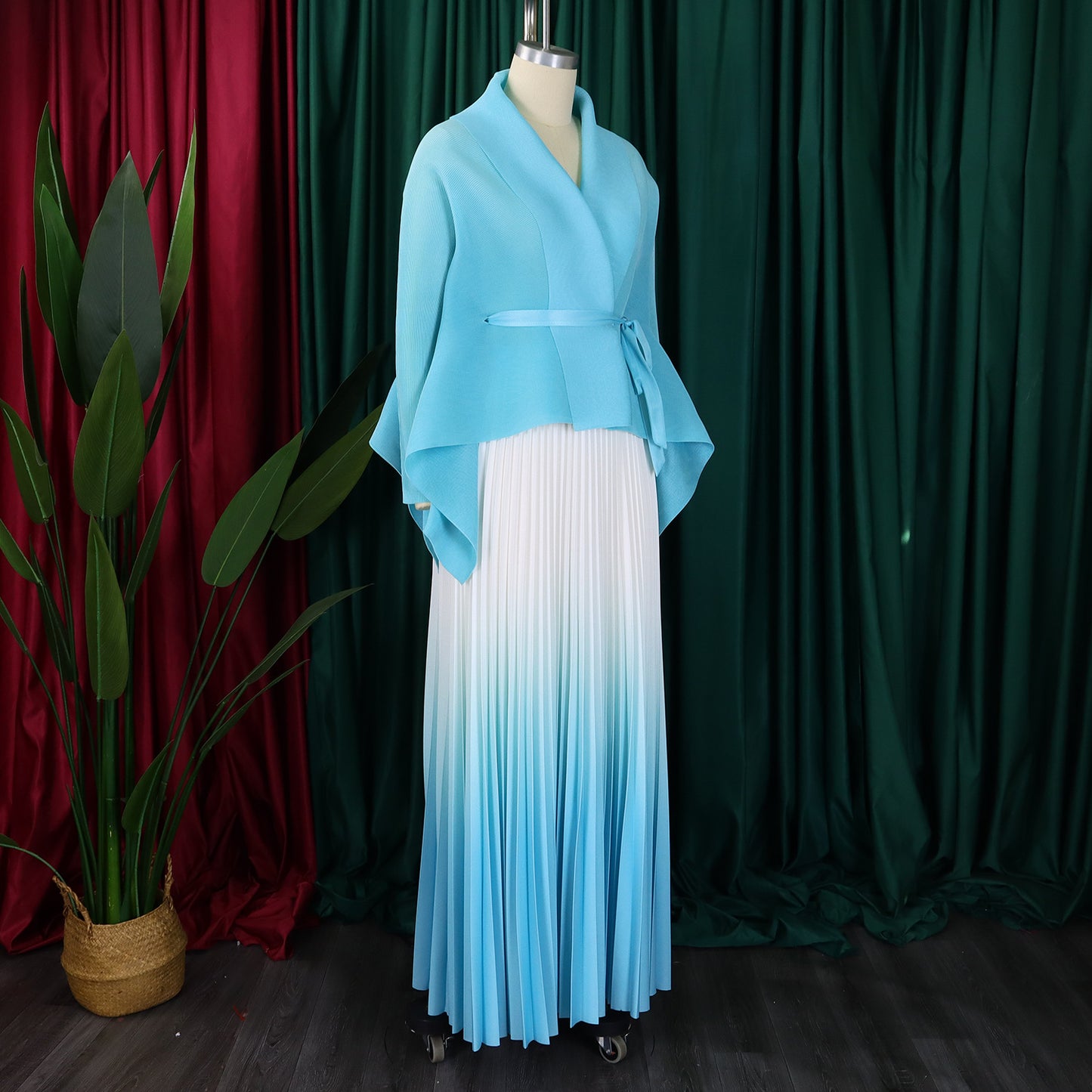 CM.YAYA Gradient Women's Set Full Sleeve Belt Blouse Shirt +Pleated Long Skirts Suit Street Two 2 Piece Set Outfit Tracksuit
