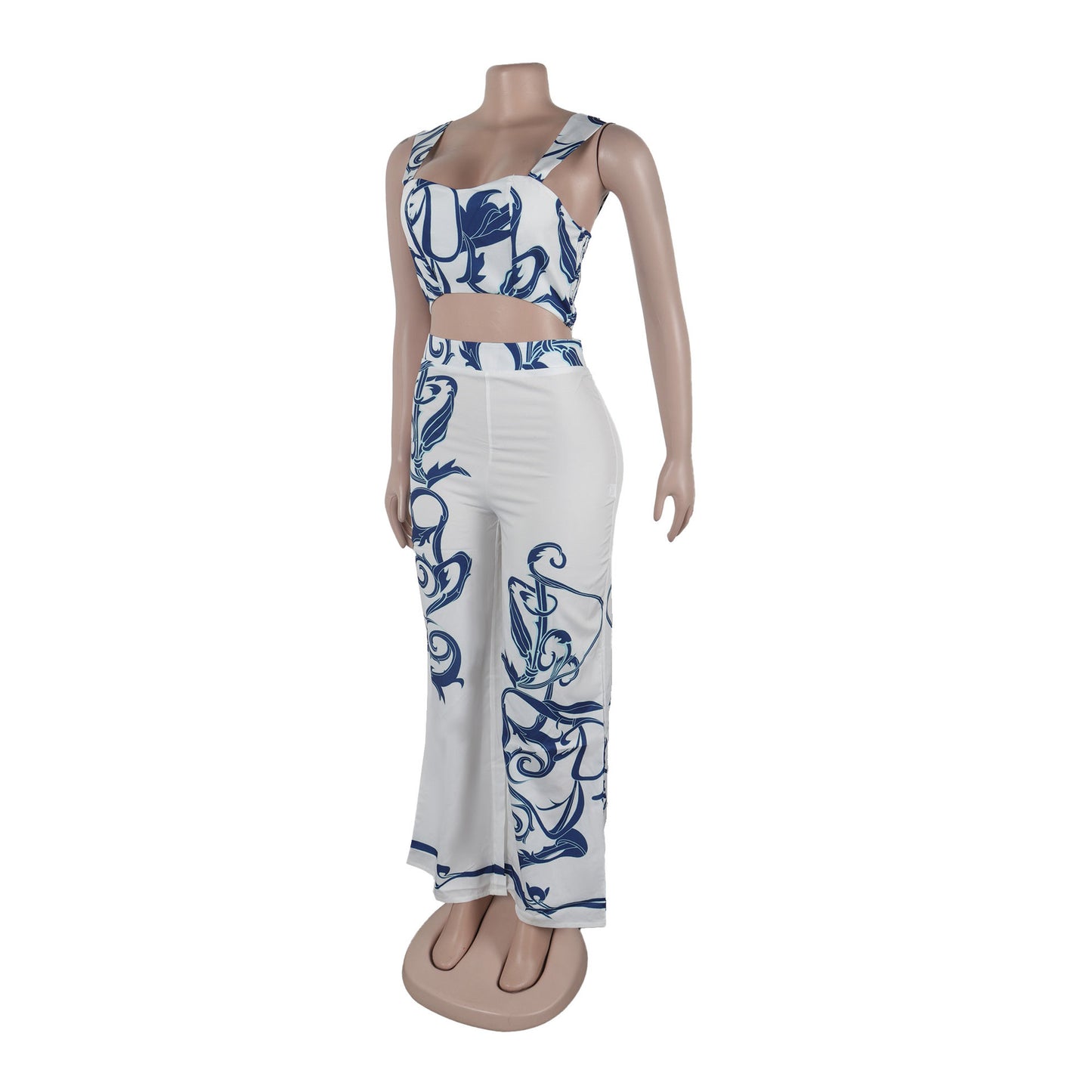 CM.YAYA 2024 Summer Women's Set Sleeveless Strapless Tops +Wide Leg Pants Print Party Street Two 2 Piece Sets Outfits Tracksuit