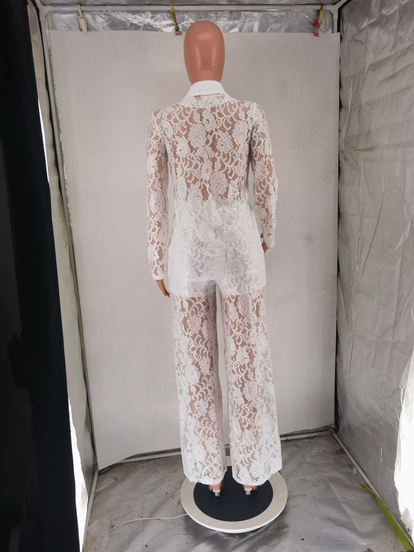 CM.YAYA Vintage Women Lace See Though Long Sleeve Blazer Suit and Wide Leg Straight Pants Set 2023 Two 2 Piece Set Outfits