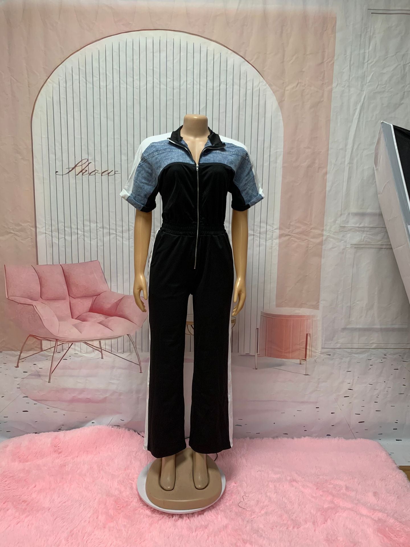 CM.YAYA Women Zipper Short Sleeve Wide Leg Jumpsuits Summer Denim Patchwork Street Holiday OL Night Party One Piece Suit Romper