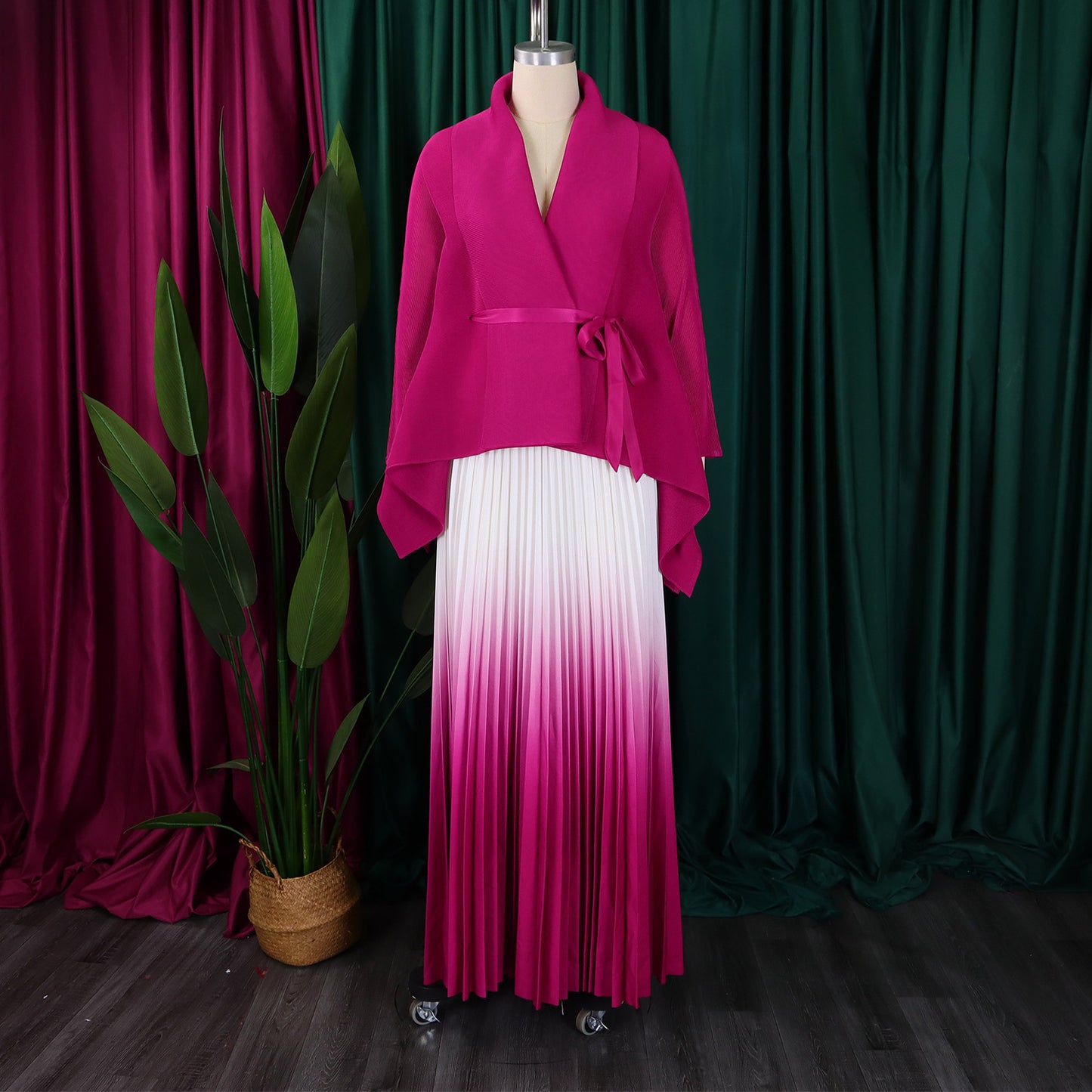 CM.YAYA Gradient Women's Set Full Sleeve Belt Blouse Shirt +Pleated Long Skirts Suit Street Two 2 Piece Set Outfit Tracksuit