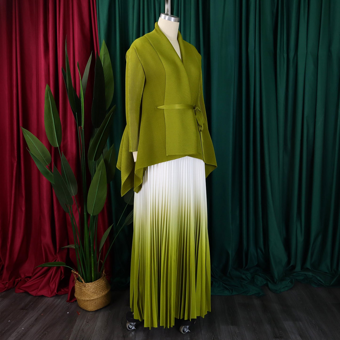 CM.YAYA Gradient Women's Set Full Sleeve Belt Blouse Shirt +Pleated Long Skirts Suit Street Two 2 Piece Set Outfit Tracksuit