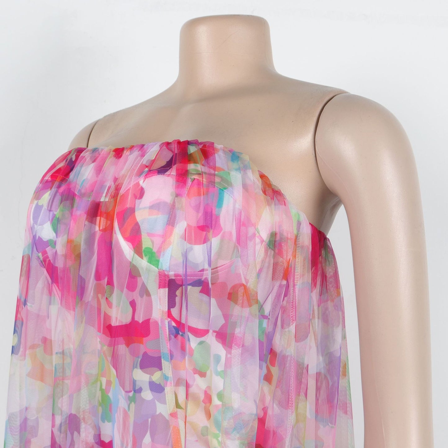 CM.YAYA Women Sleeveless Tie Dye Print Strapless Mesh Bodycon Midi Long Maxi Dress 2025 Birthday Club Party Vestido Sexy Dresses