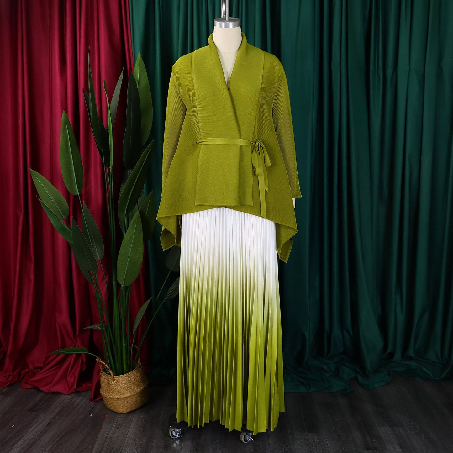 CM.YAYA Gradient Women's Set Full Sleeve Belt Blouse Shirt +Pleated Long Skirts Suit Street Two 2 Piece Set Outfit Tracksuit