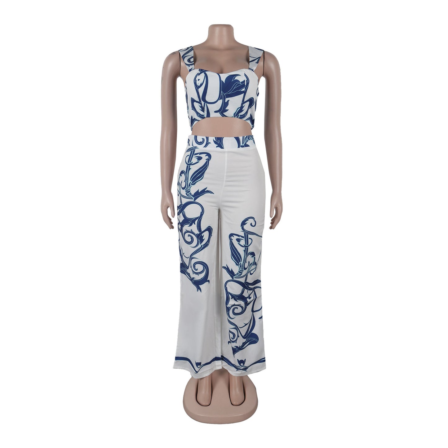 CM.YAYA 2024 Summer Women's Set Sleeveless Strapless Tops +Wide Leg Pants Print Party Street Two 2 Piece Sets Outfits Tracksuit