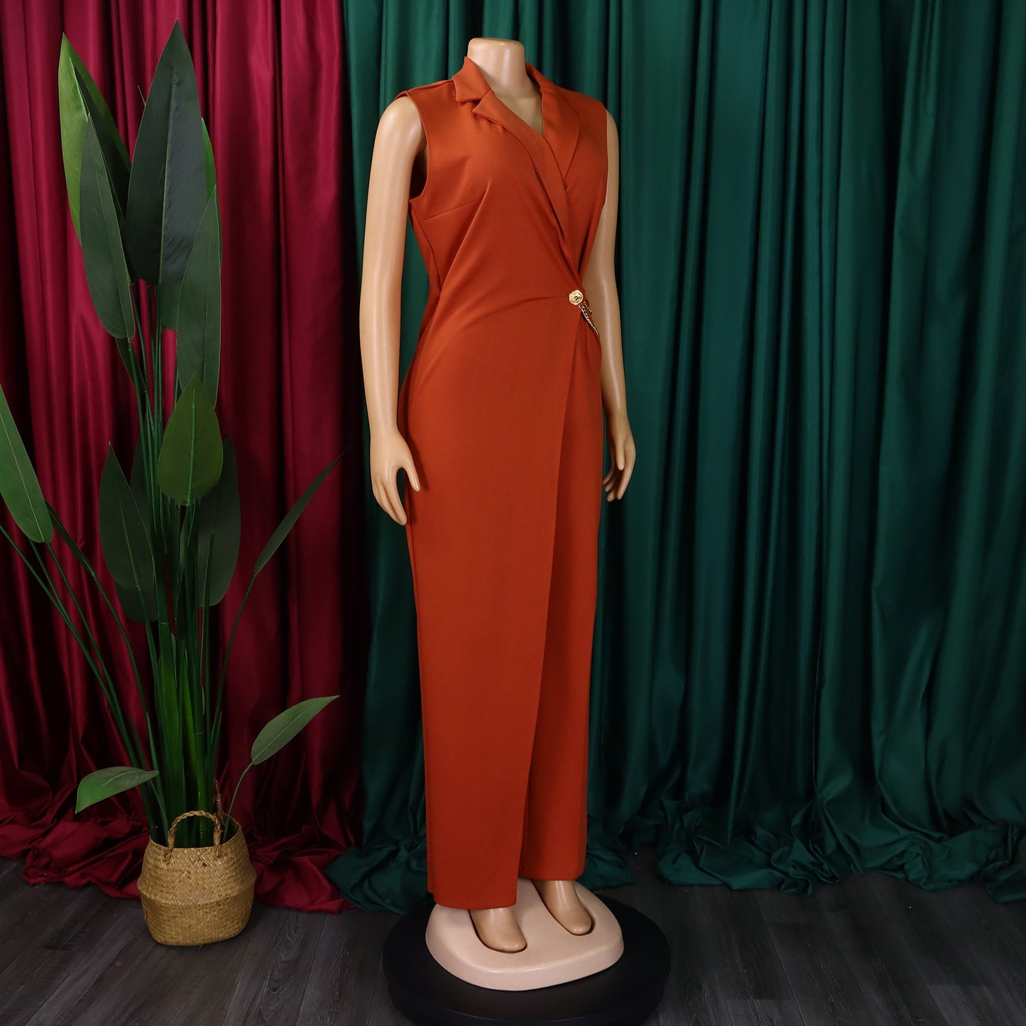 CM.YAYA Women Wide Leg V-Neck Sleeveless Jumpsuits Waist Chain 2024 Summer OL Beach Night Club Playsuit One Piece Suit Romper