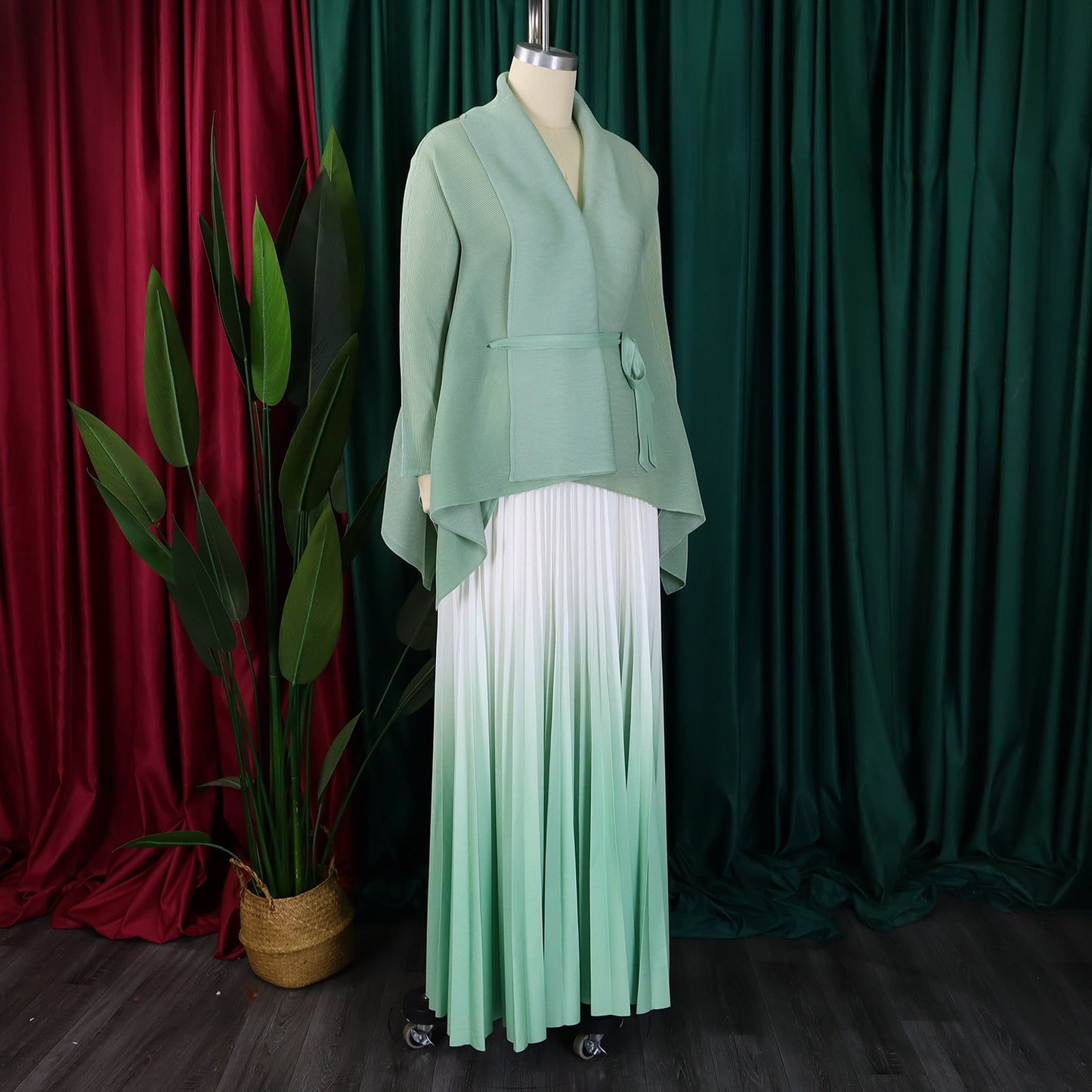 CM.YAYA Gradient Women's Set Full Sleeve Belt Blouse Shirt +Pleated Long Skirts Suit Street Two 2 Piece Set Outfit Tracksuit