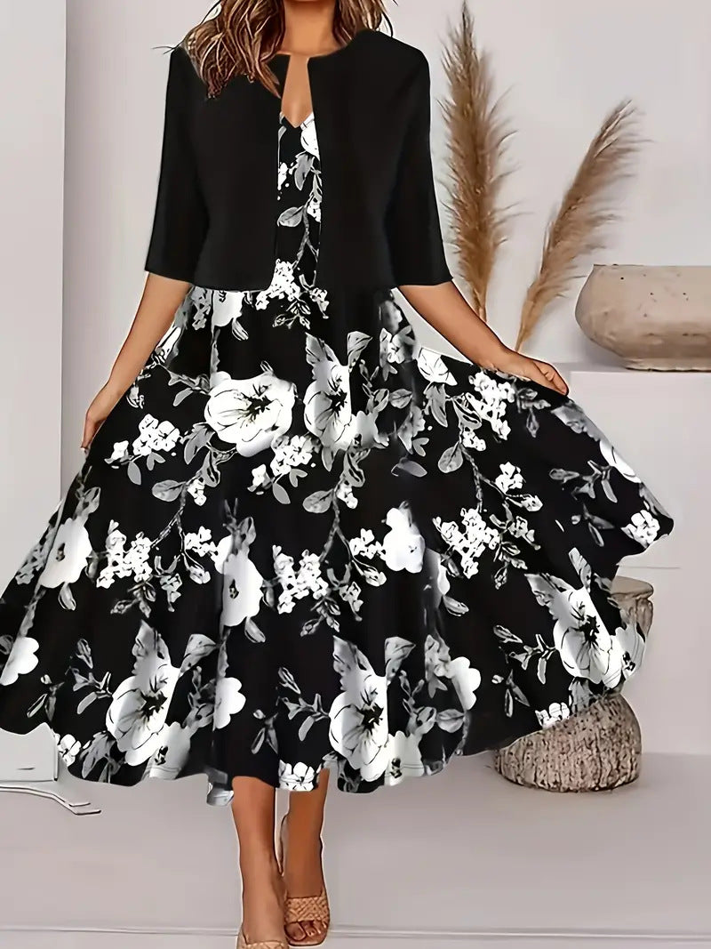 2024 Europe and the United States autumn new women's long dress two-piece set of floral print round neck dress coat women