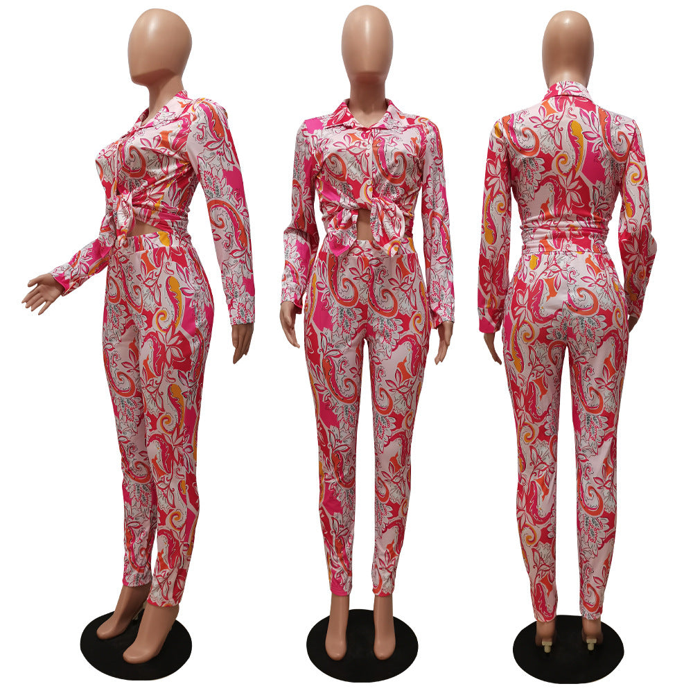 CM.YAYA Autumn Letter Leaf Print Women's Set Blouses Shirt Legging Pants Suit Active Wear Tracksuit Two Piece Set Fitness Outfit