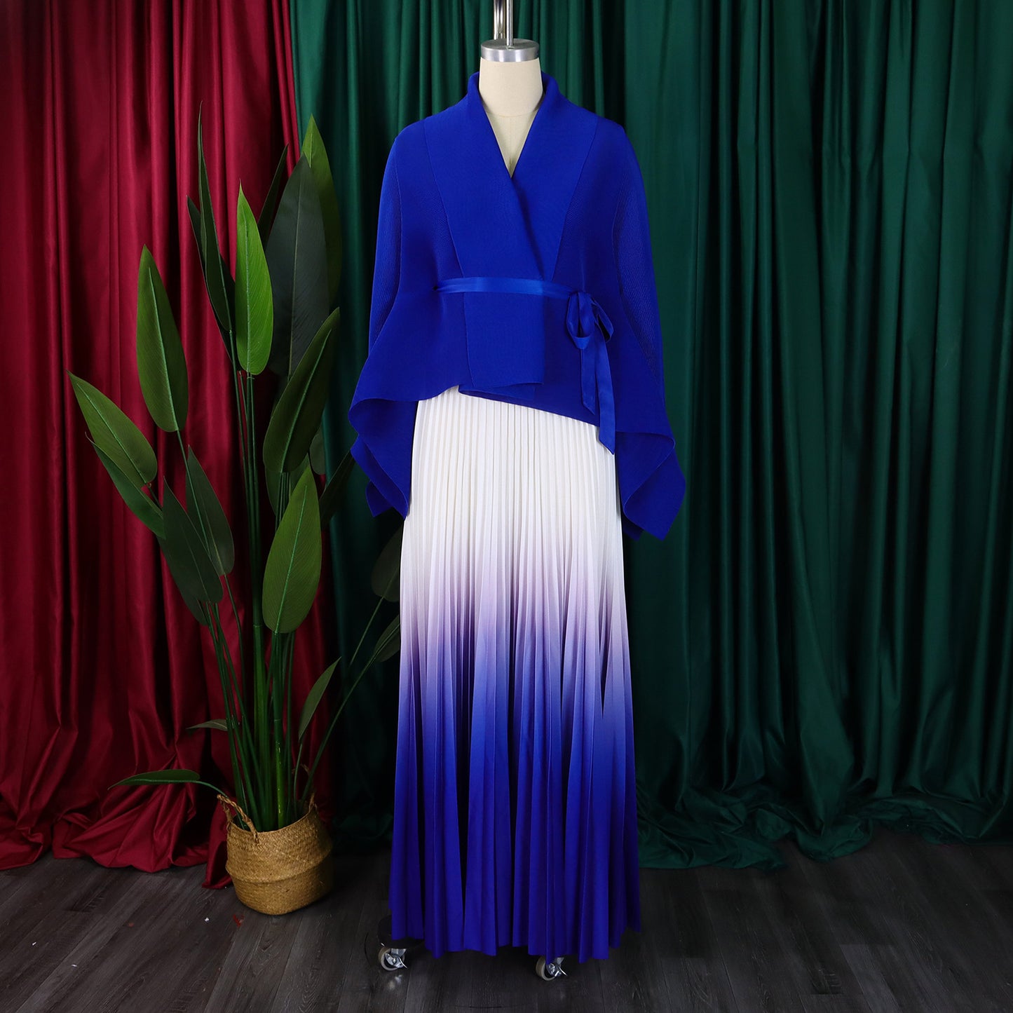 CM.YAYA Gradient Women's Set Full Sleeve Belt Blouse Shirt +Pleated Long Skirts Suit Street Two 2 Piece Set Outfit Tracksuit