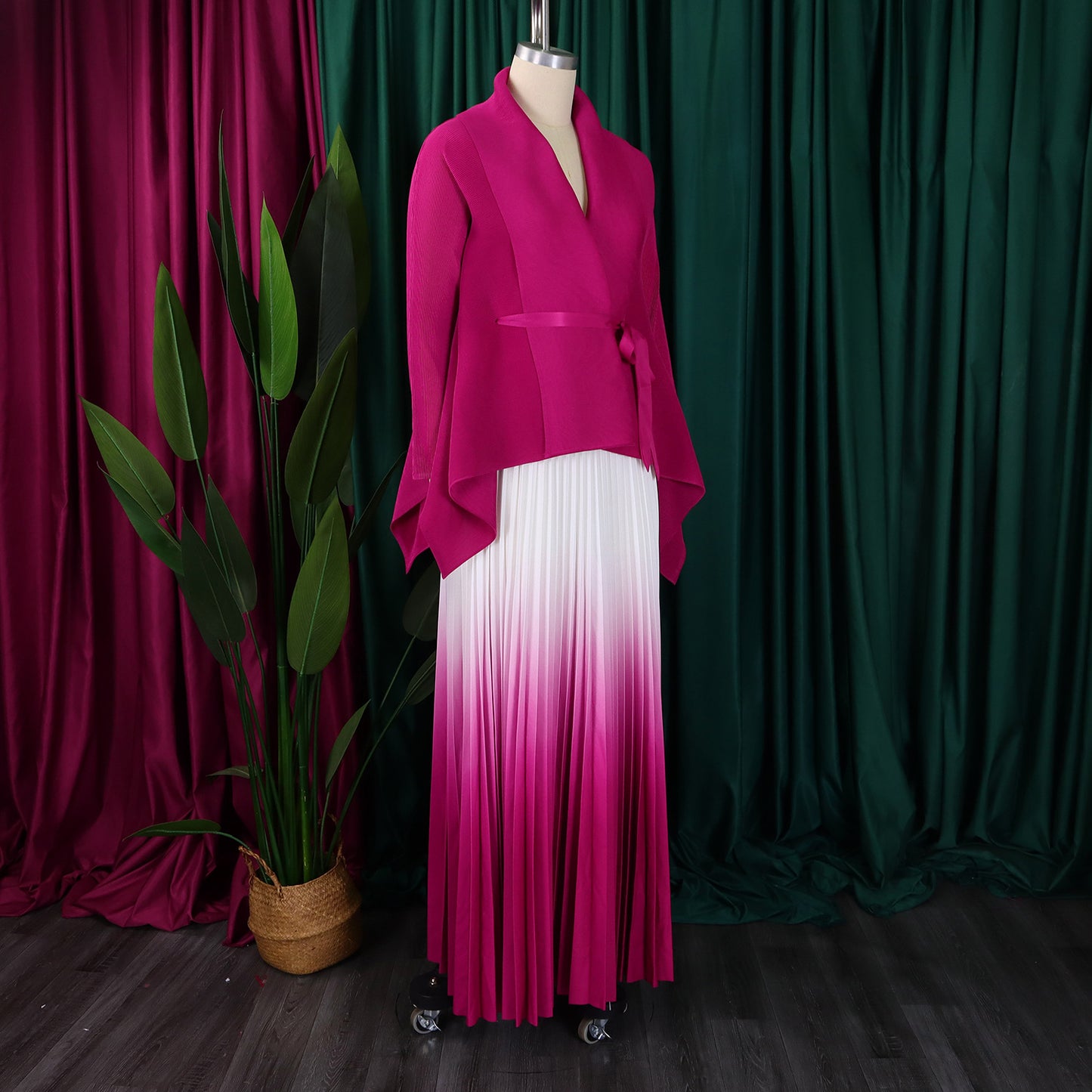 CM.YAYA Gradient Women's Set Full Sleeve Belt Blouse Shirt +Pleated Long Skirts Suit Street Two 2 Piece Set Outfit Tracksuit