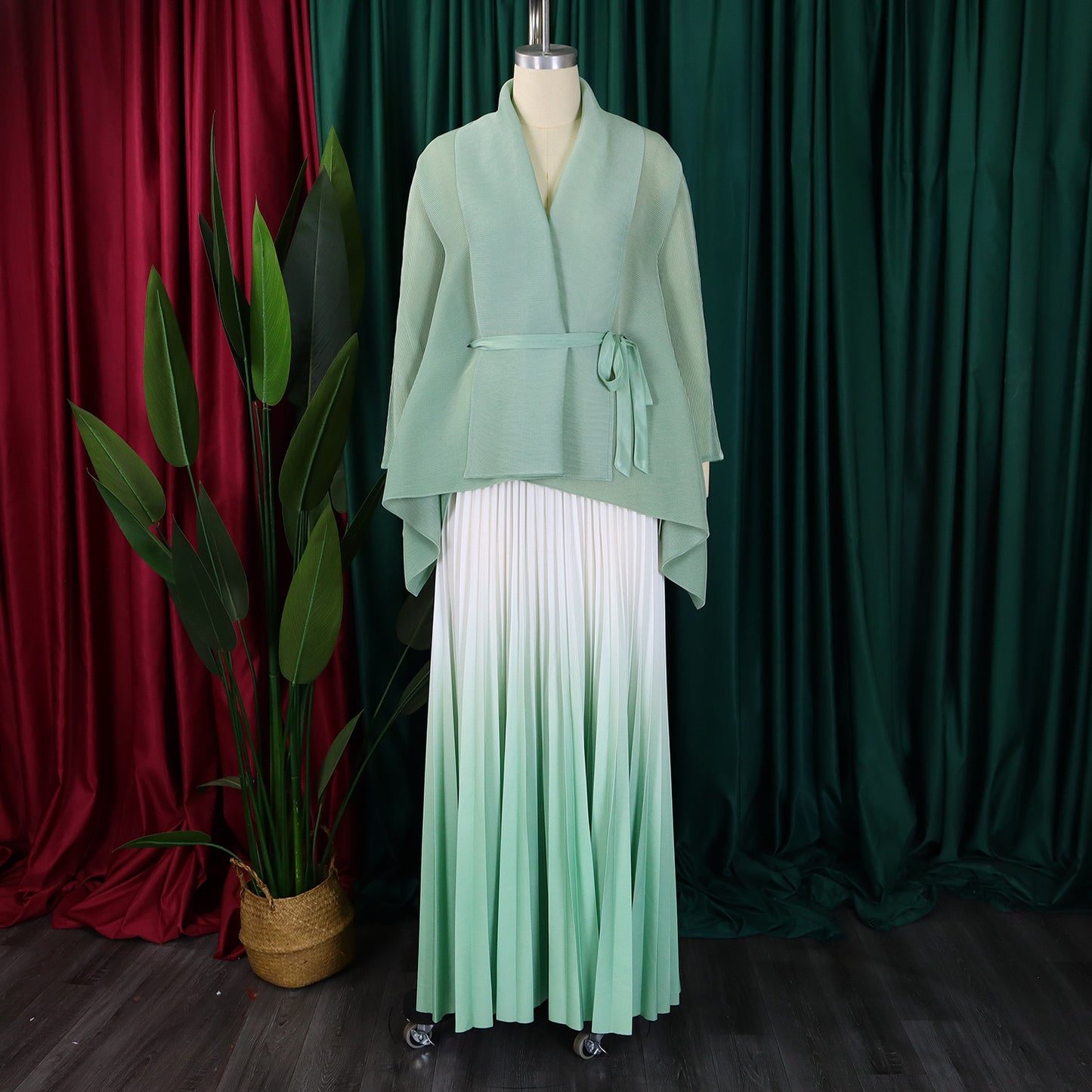 CM.YAYA Gradient Women's Set Full Sleeve Belt Blouse Shirt +Pleated Long Skirts Suit Street Two 2 Piece Set Outfit Tracksuit