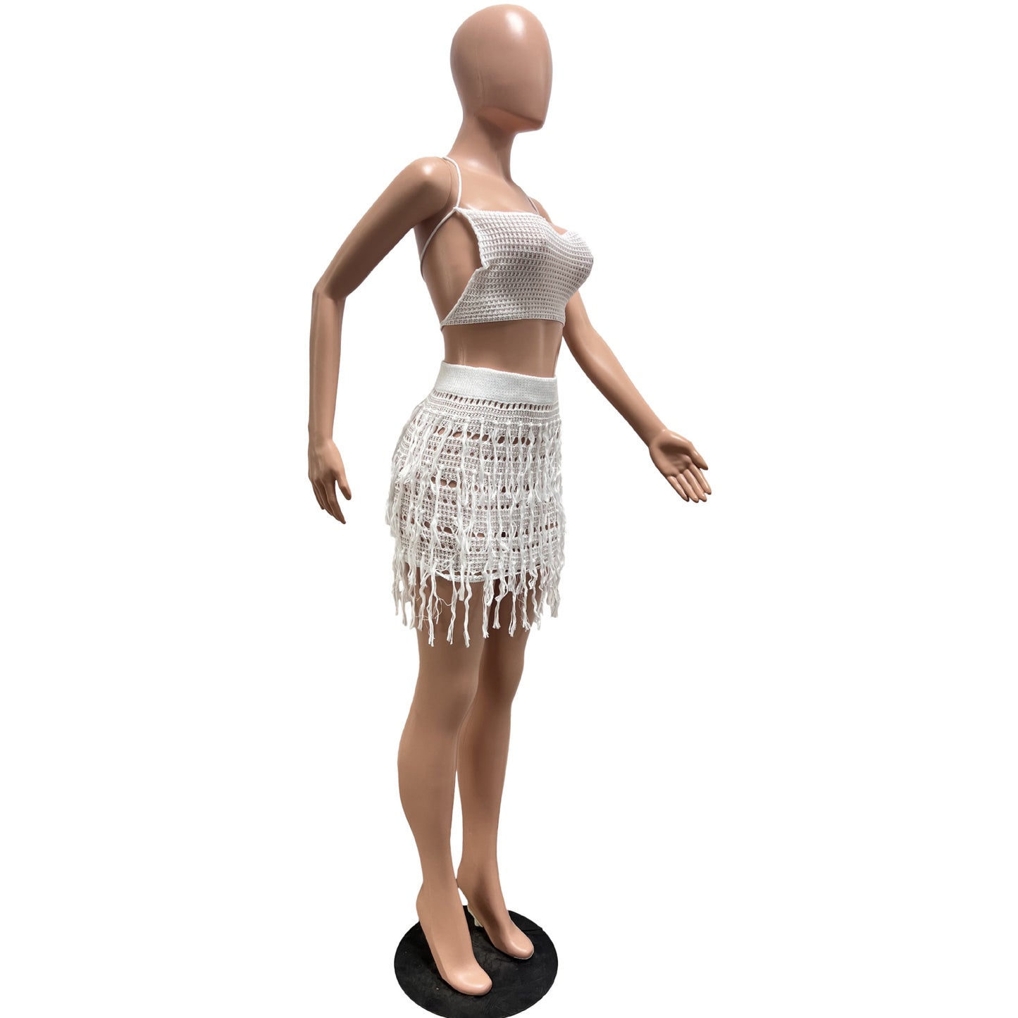 CM.YAYA Beach Holiday Knit Crochet Tassel Women Two 2 Piece Set Outfits Bra Top and Mini Skirt Suit 2024 INS Street Dress Set