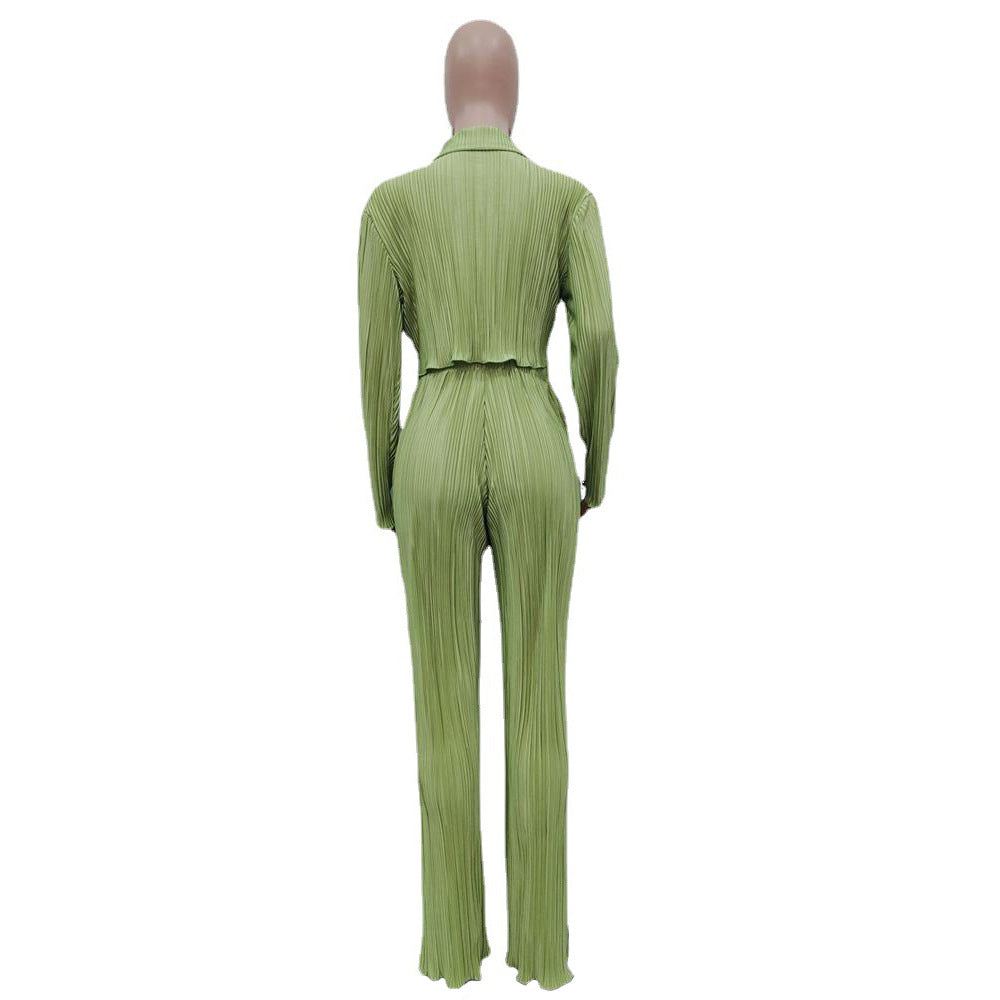 CM.YAYA Street Pleated Women's Set Long Sleeve Mini Blouse Shirt and Straight Pants Suit 2023 Two 2 Piece Set Outfits Tracksuit