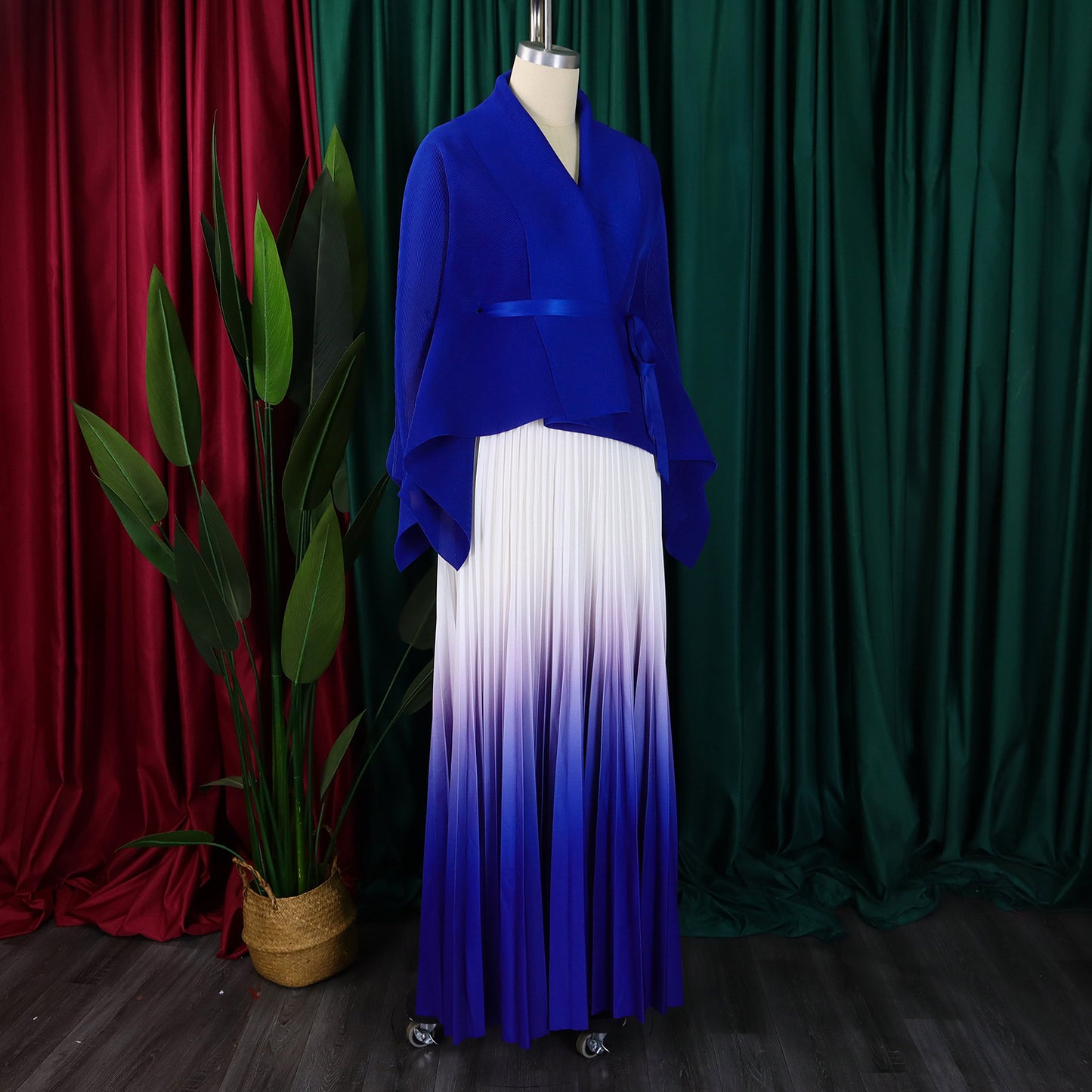 CM.YAYA Gradient Women's Set Full Sleeve Belt Blouse Shirt +Pleated Long Skirts Suit Street Two 2 Piece Set Outfit Tracksuit