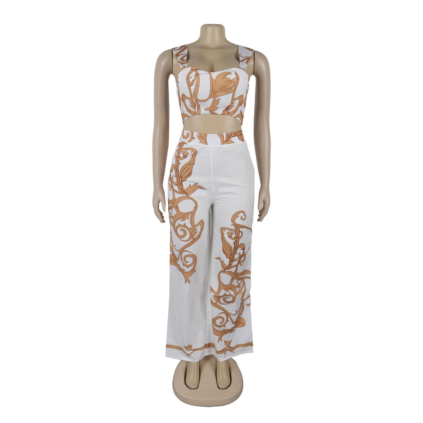 CM.YAYA 2024 Summer Women's Set Sleeveless Strapless Tops +Wide Leg Pants Print Party Street Two 2 Piece Sets Outfits Tracksuit