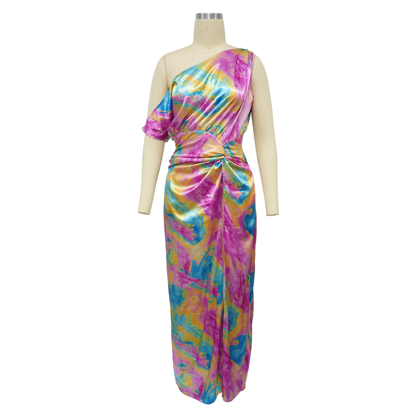 CM.YAYA Women Skew Collar Tie-dye Print Long Dress Summer Streetwear Beach Evening Sexy Night Party Split Maxi Dresses Vestidos