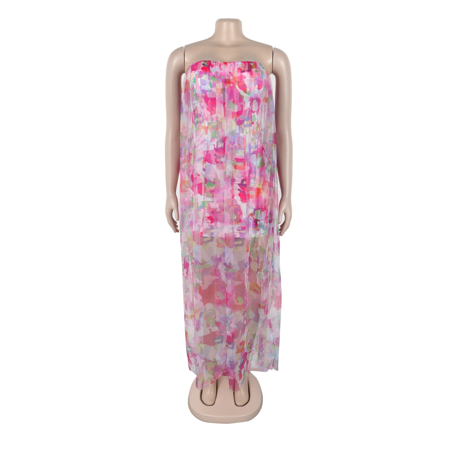 CM.YAYA Women Sleeveless Tie Dye Print Strapless Mesh Bodycon Midi Long Maxi Dress 2025 Birthday Club Party Vestido Sexy Dresses
