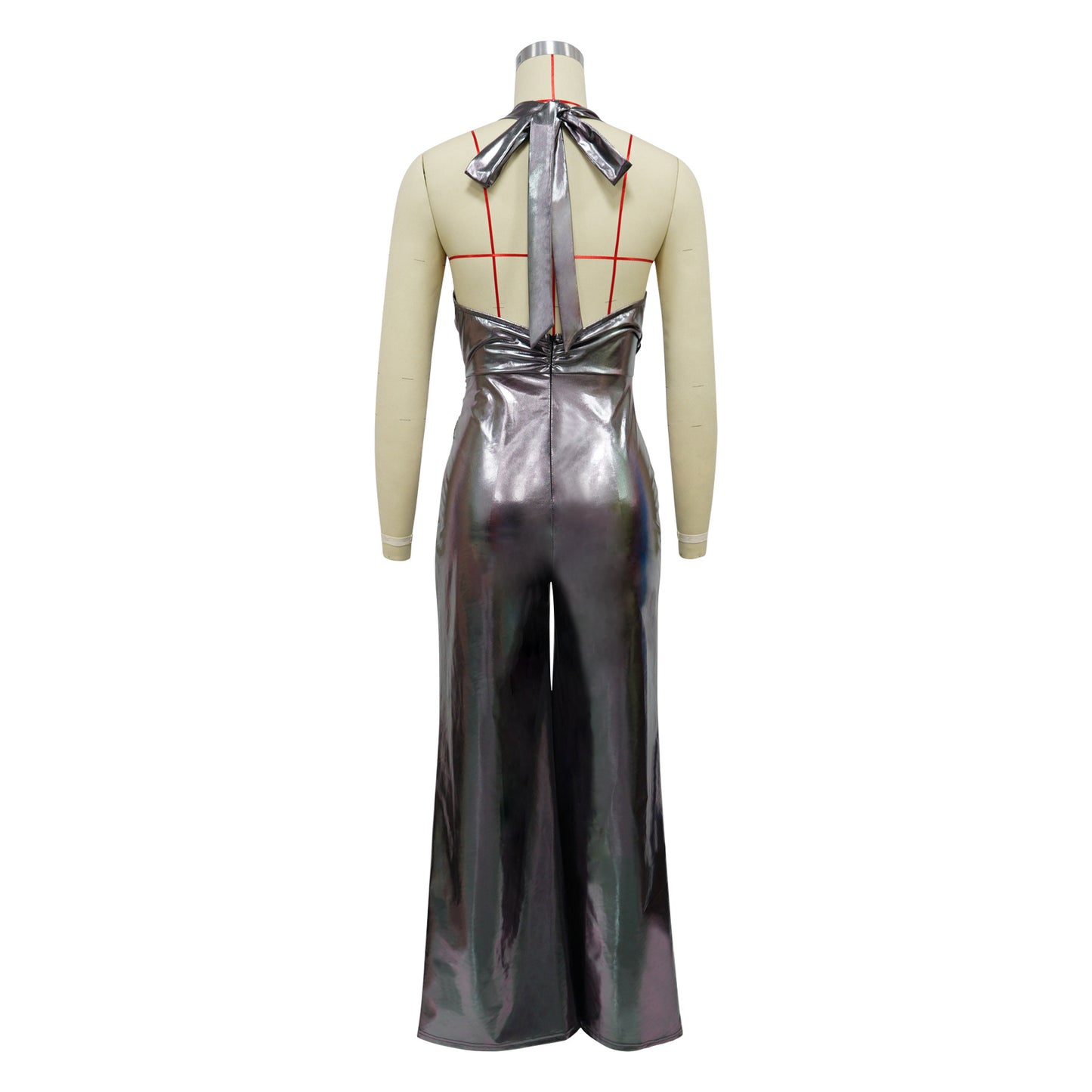 CM.YAYA Women Heaps Collar V-Neck Backless Wide Leg Straight Sleeveless Jumpsuits Spring Sexy One Piece Set Streetwear Outfits