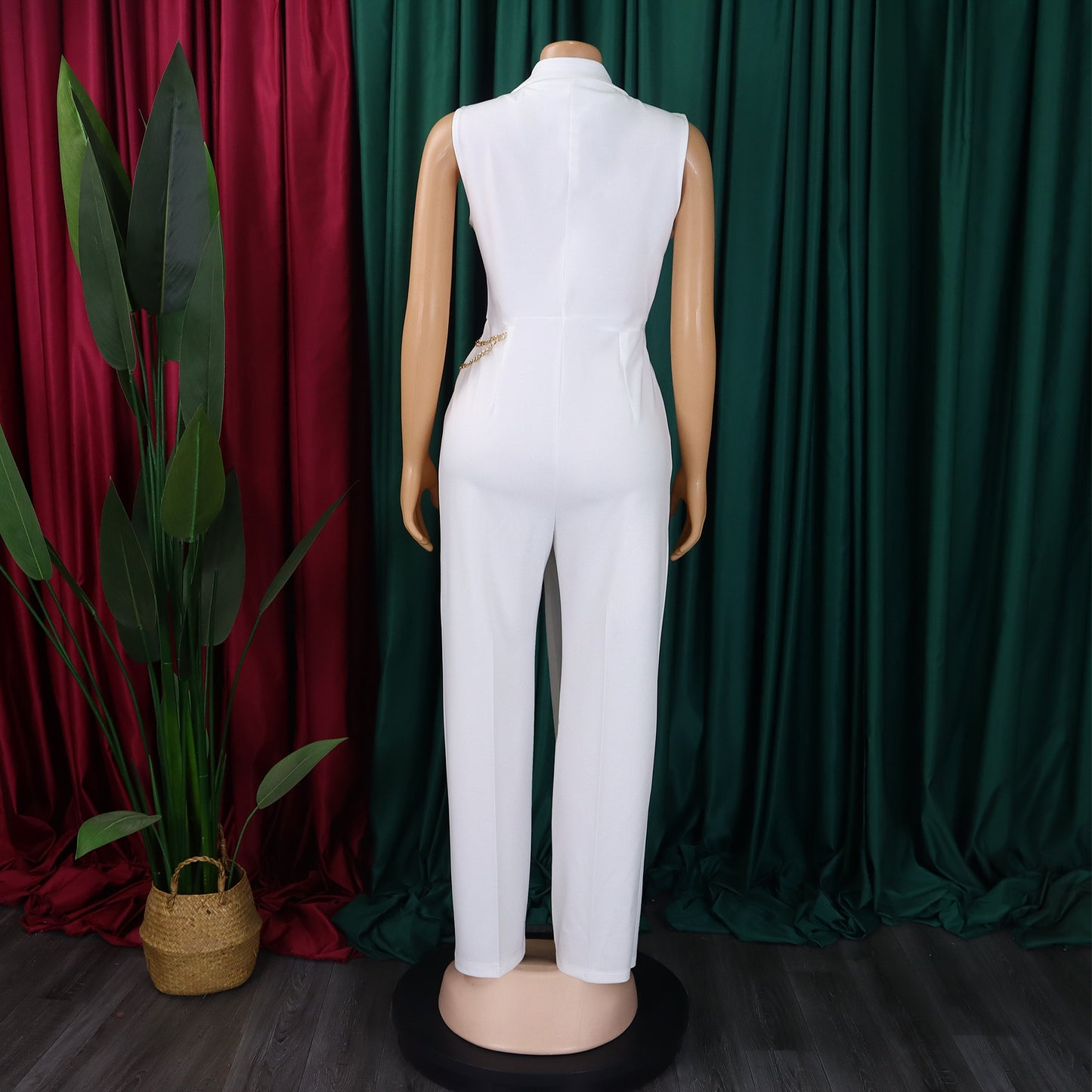 CM.YAYA Women Wide Leg V-Neck Sleeveless Jumpsuits Waist Chain 2024 Summer OL Beach Night Club Playsuit One Piece Suit Romper