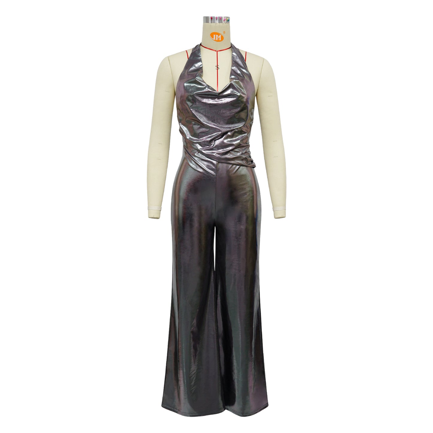 CM.YAYA Women Heaps Collar V-Neck Backless Wide Leg Straight Sleeveless Jumpsuits Spring Sexy One Piece Set Streetwear Outfits