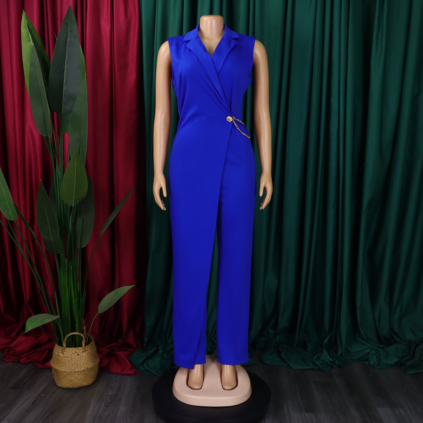 CM.YAYA Women Wide Leg V-Neck Sleeveless Jumpsuits Waist Chain 2024 Summer OL Beach Night Club Playsuit One Piece Suit Romper