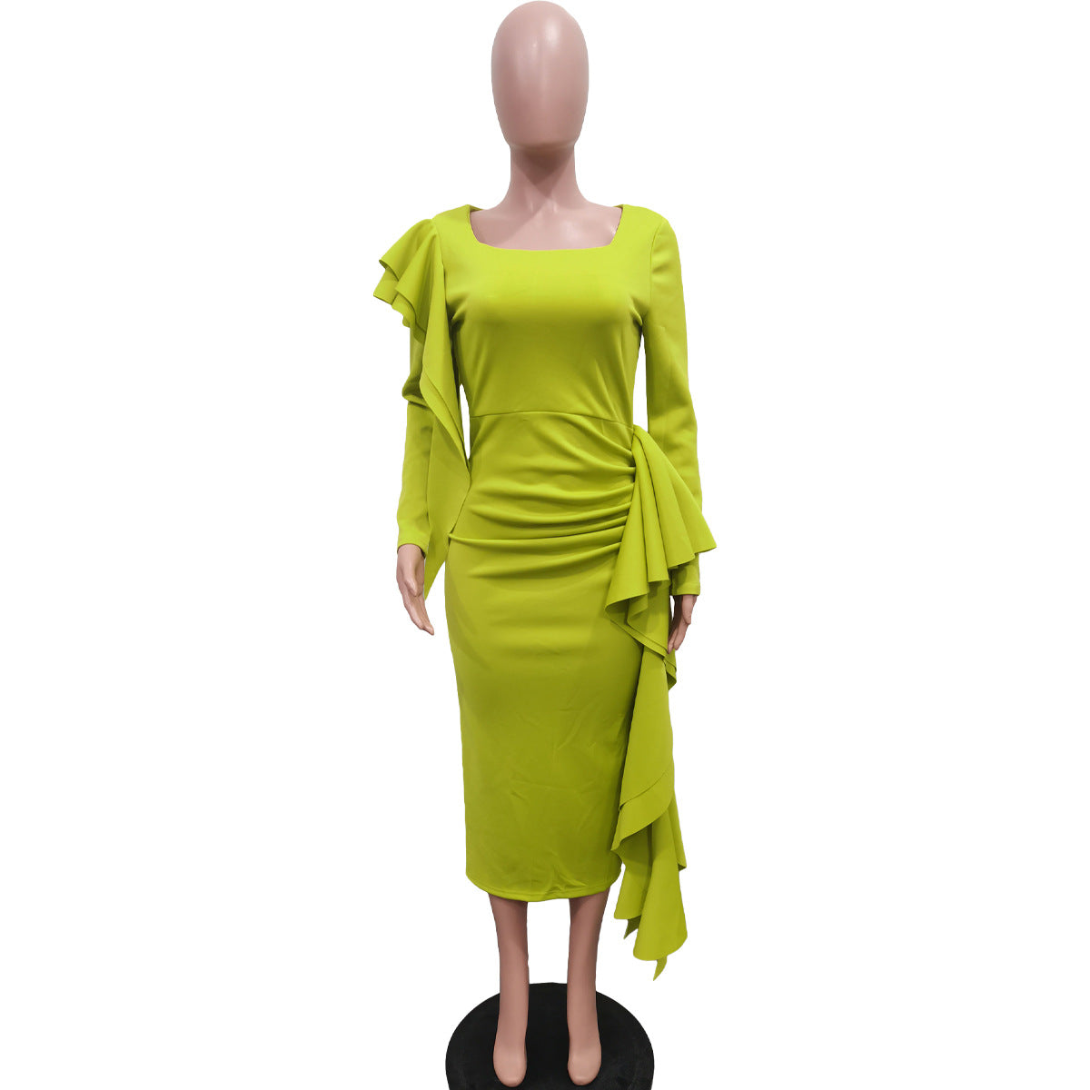 CM.YAYA Fashion Women Long Sleeve U-neck Ruffles Draped Ruched Bodycon Pencil Midi Dress 2023 Club Sexy Party Evening OL Dresses