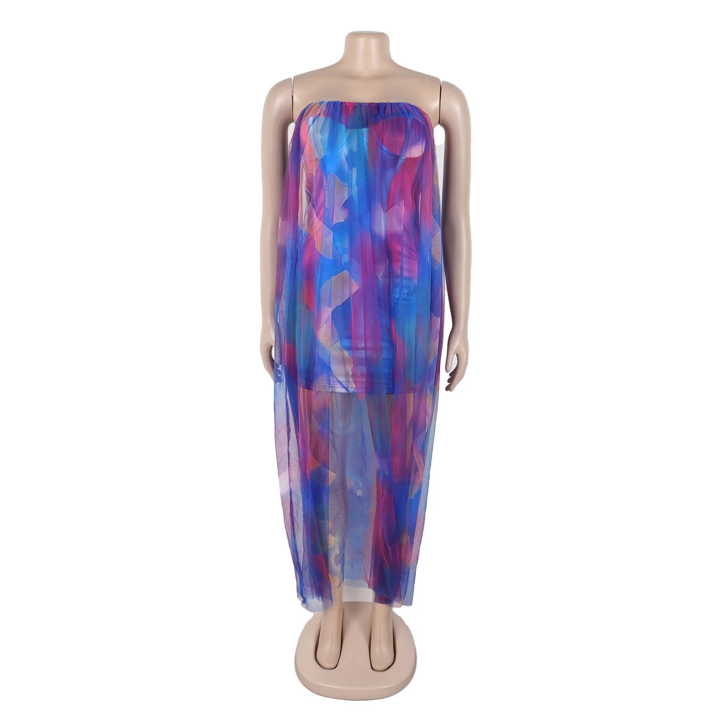 CM.YAYA Women Sleeveless Tie Dye Print Strapless Mesh Bodycon Midi Long Maxi Dress 2025 Birthday Club Party Vestido Sexy Dresses
