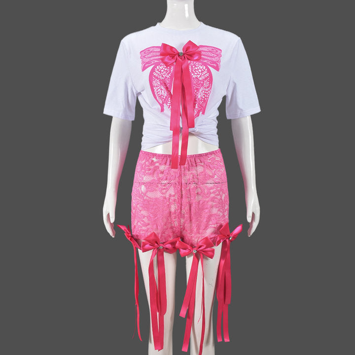 CM.YAYA Women's Set Bow O-Neck short sleeve Tops and lace Shorts Suits Streetwear Casual Two 2 Piece Outfits Tracksuits Summer