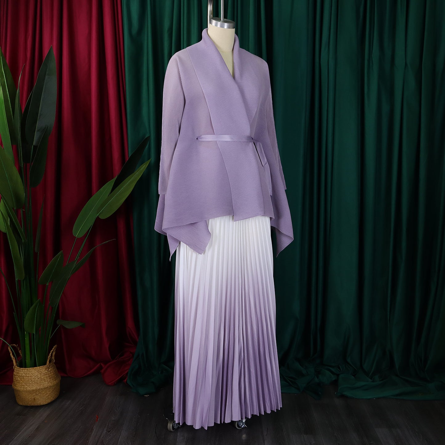 CM.YAYA Gradient Women's Set Full Sleeve Belt Blouse Shirt +Pleated Long Skirts Suit Street Two 2 Piece Set Outfit Tracksuit