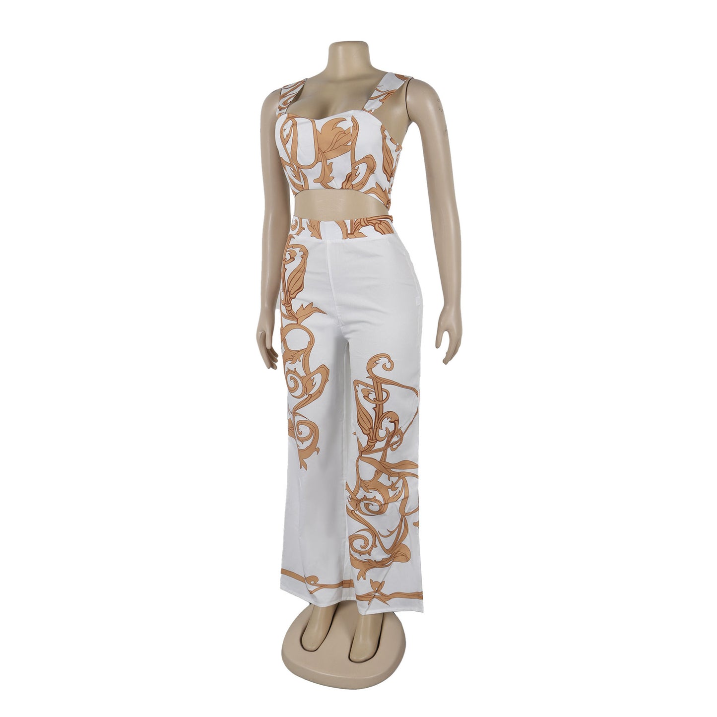 CM.YAYA 2024 Summer Women's Set Sleeveless Strapless Tops +Wide Leg Pants Print Party Street Two 2 Piece Sets Outfits Tracksuit
