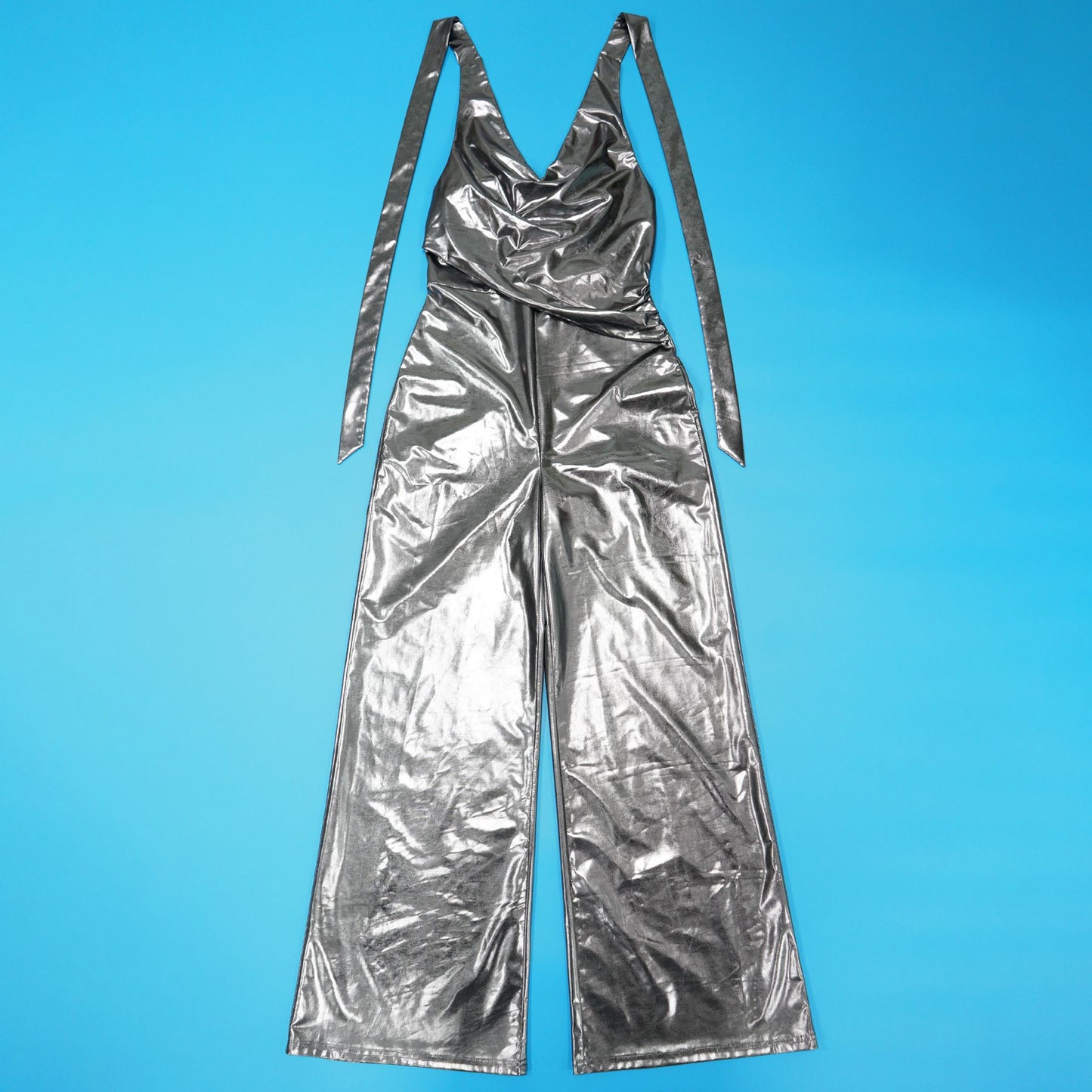 CM.YAYA Women Heaps Collar V-Neck Backless Wide Leg Straight Sleeveless Jumpsuits Spring Sexy One Piece Set Streetwear Outfits