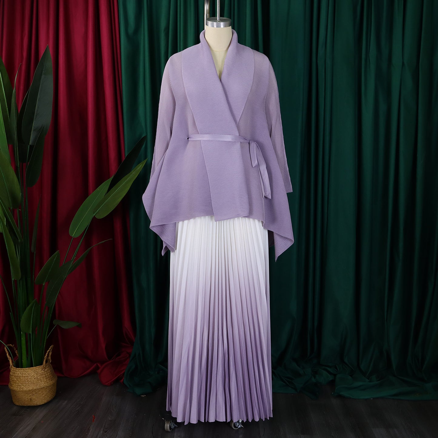 CM.YAYA Gradient Women's Set Full Sleeve Belt Blouse Shirt +Pleated Long Skirts Suit Street Two 2 Piece Set Outfit Tracksuit