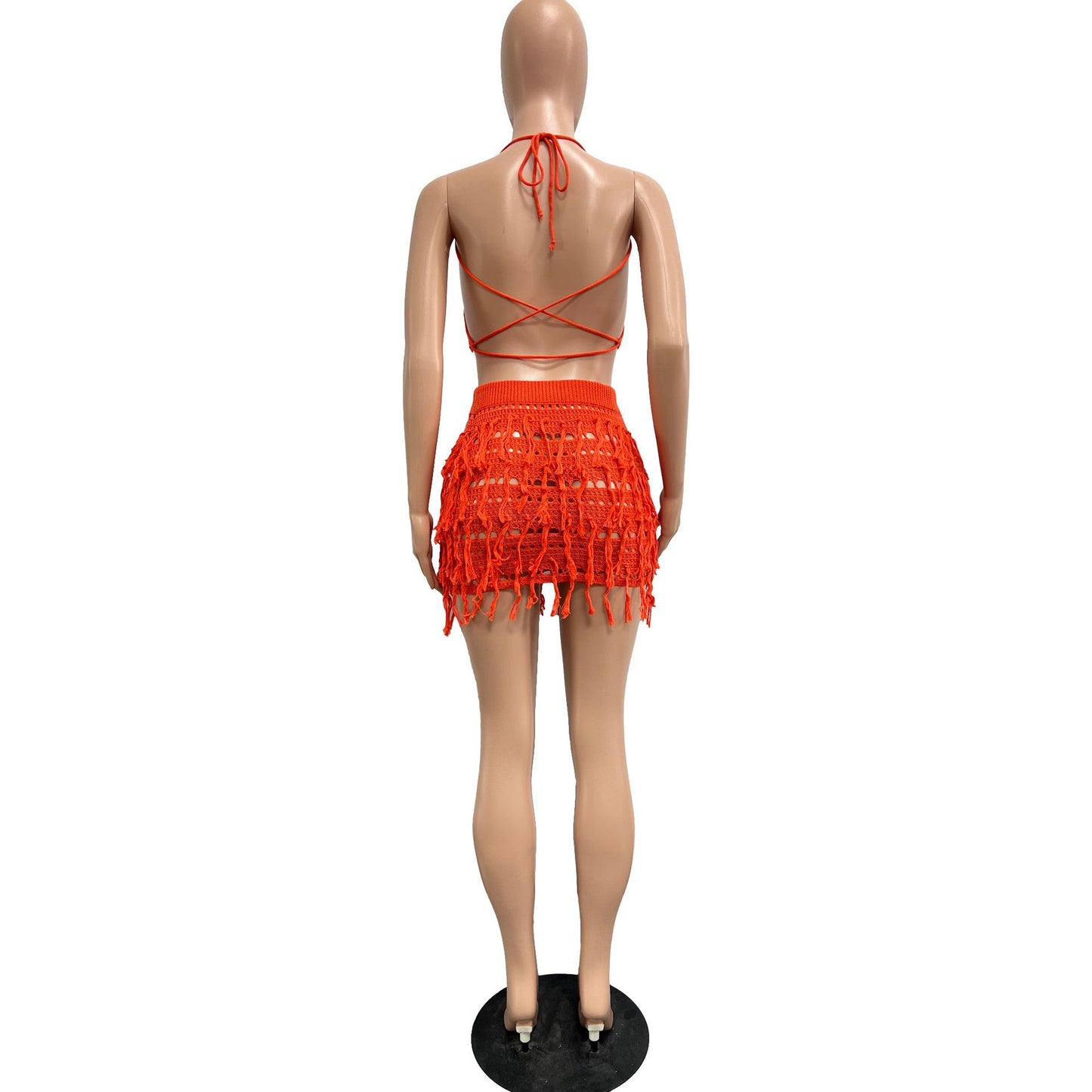 CM.YAYA Beach Holiday Knit Crochet Tassel Women Two 2 Piece Set Outfits Bra Top and Mini Skirt Suit 2024 INS Street Dress Set