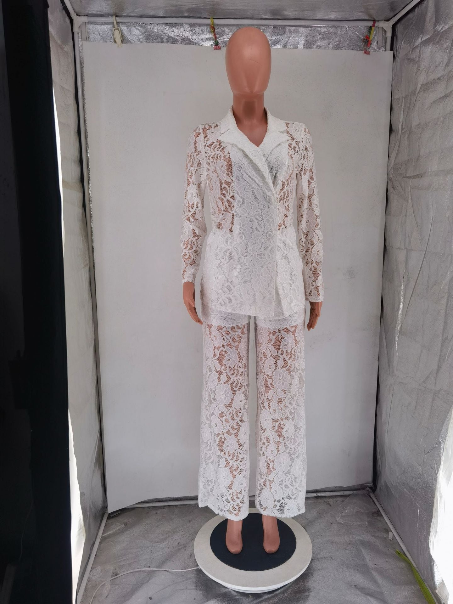 CM.YAYA Vintage Women Lace See Though Long Sleeve Blazer Suit and Wide Leg Straight Pants Set 2023 Two 2 Piece Set Outfits