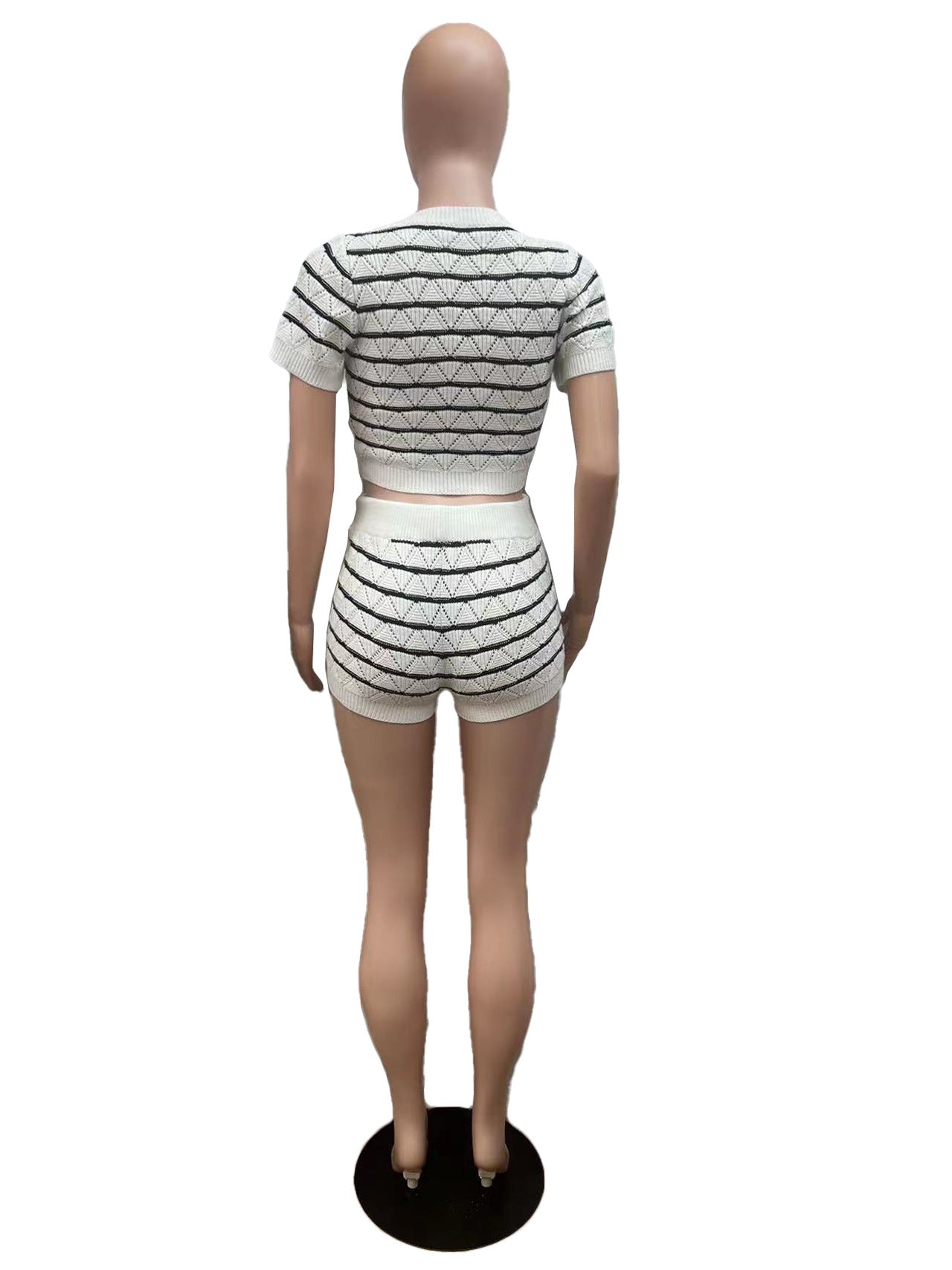 CM.YAYA Women's Set Short Sleeve Top and Shorts 2024 Summer Two 2 Piece Set Outfit Striped Knitted Ribbon Beach Tracksuit