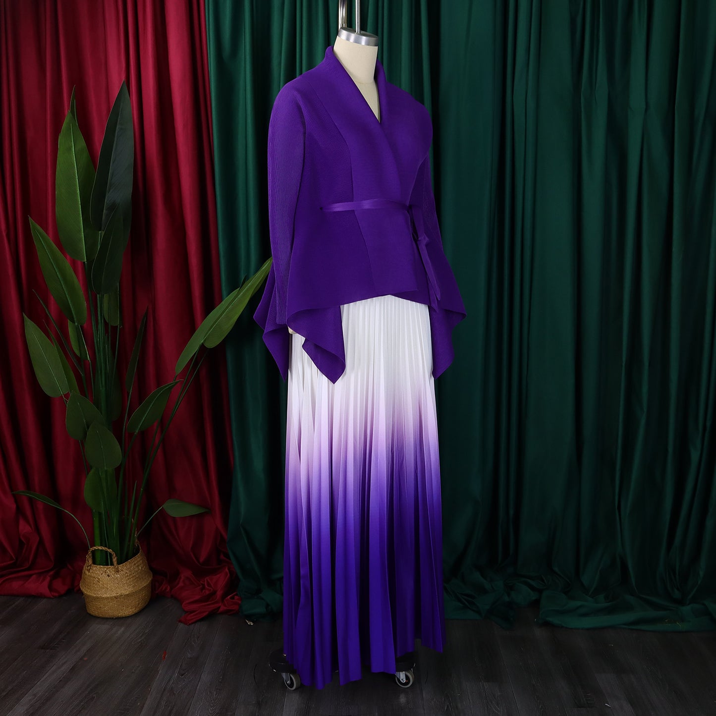 CM.YAYA Gradient Women's Set Full Sleeve Belt Blouse Shirt +Pleated Long Skirts Suit Street Two 2 Piece Set Outfit Tracksuit