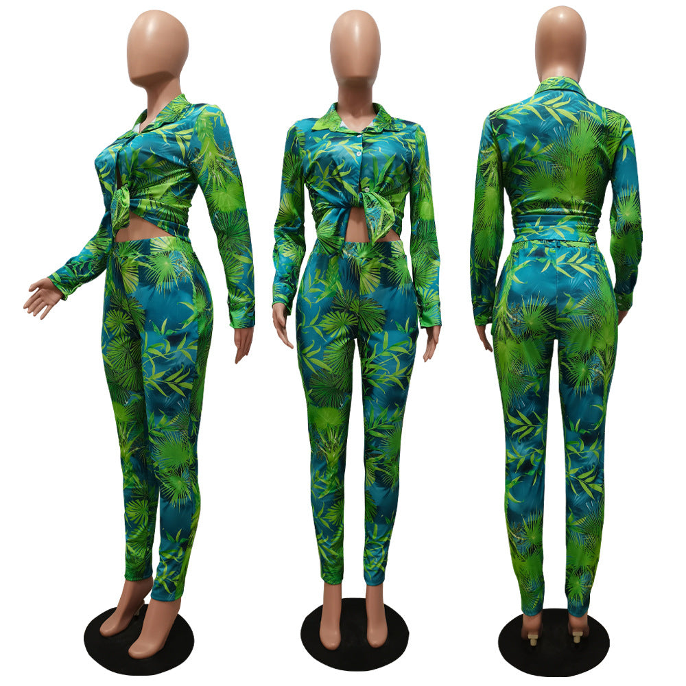 CM.YAYA Autumn Letter Leaf Print Women's Set Blouses Shirt Legging Pants Suit Active Wear Tracksuit Two Piece Set Fitness Outfit