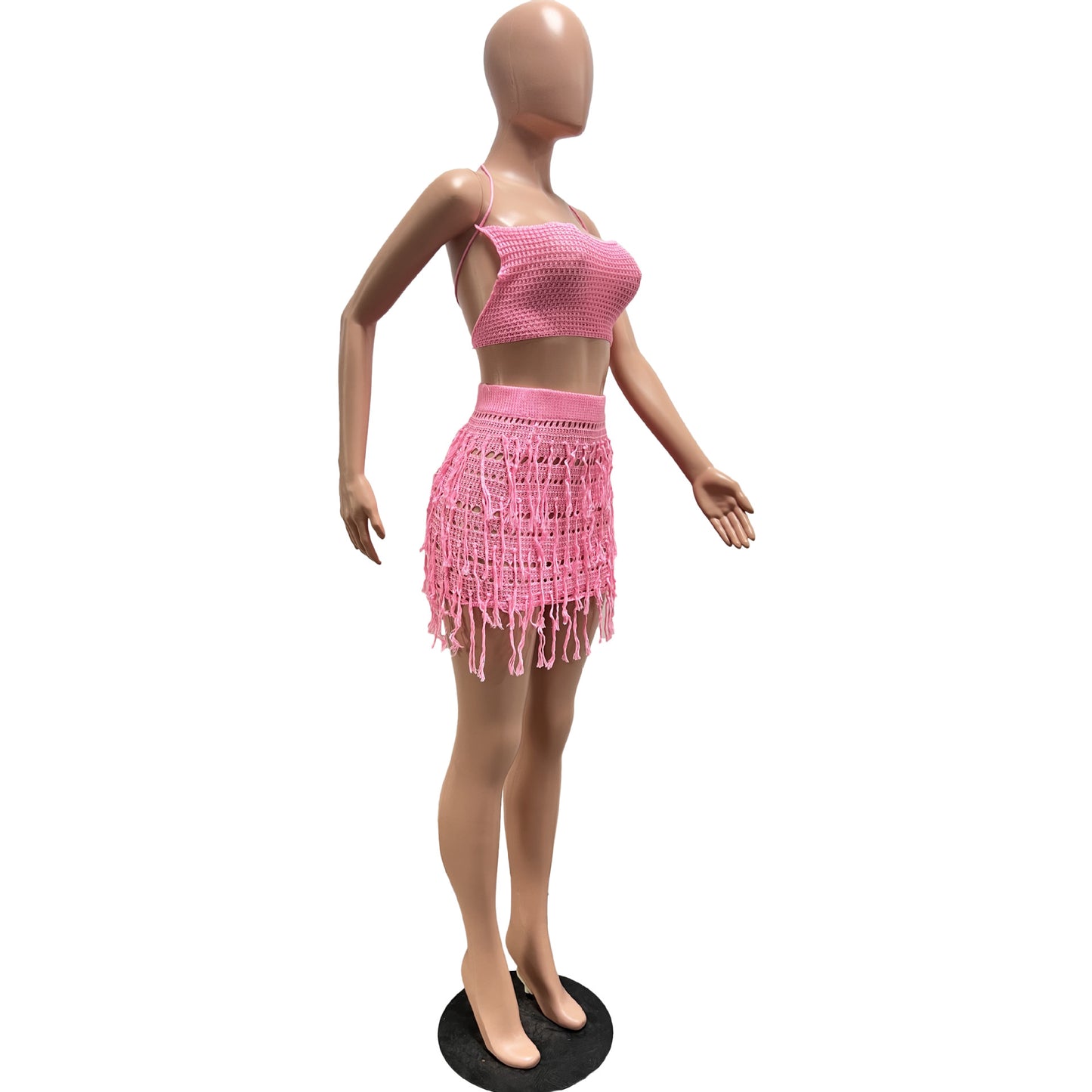 CM.YAYA Beach Holiday Knit Crochet Tassel Women Two 2 Piece Set Outfits Bra Top and Mini Skirt Suit 2024 INS Street Dress Set