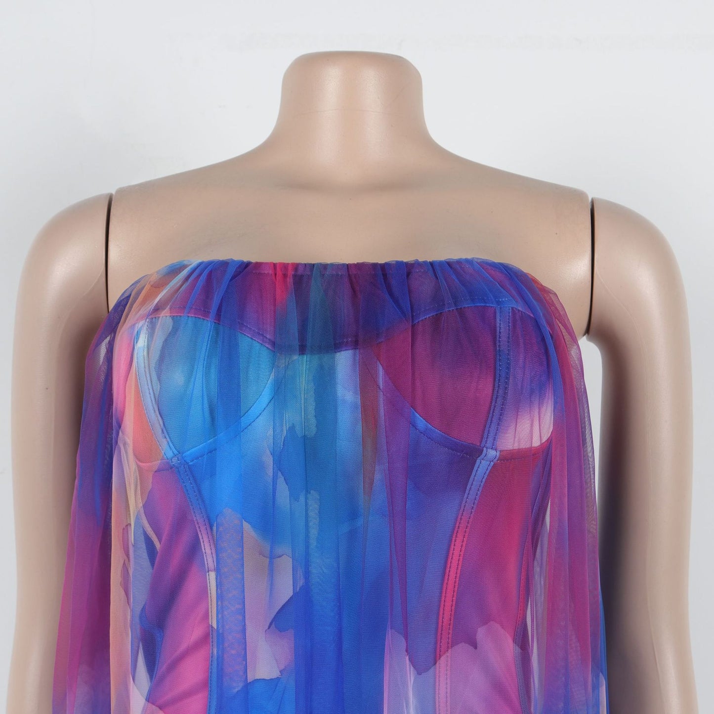 CM.YAYA Women Sleeveless Tie Dye Print Strapless Mesh Bodycon Midi Long Maxi Dress 2025 Birthday Club Party Vestido Sexy Dresses
