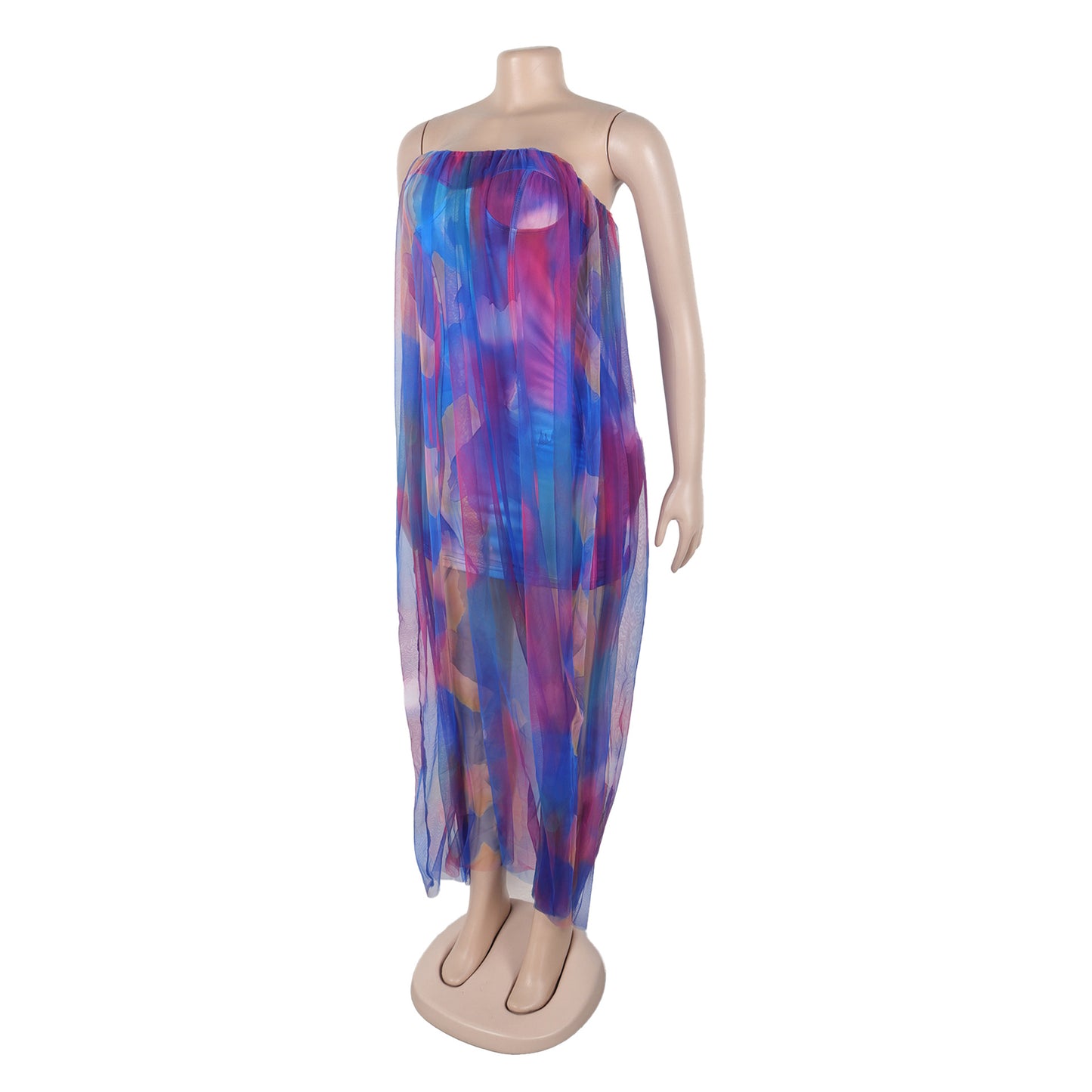 CM.YAYA Women Sleeveless Tie Dye Print Strapless Mesh Bodycon Midi Long Maxi Dress 2025 Birthday Club Party Vestido Sexy Dresses