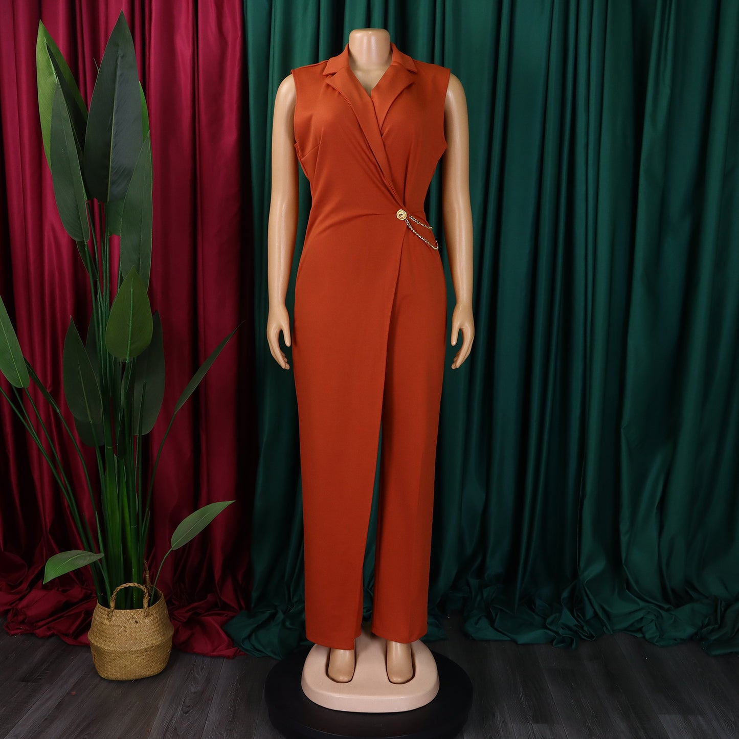 CM.YAYA Women Wide Leg V-Neck Sleeveless Jumpsuits Waist Chain 2024 Summer OL Beach Night Club Playsuit One Piece Suit Romper