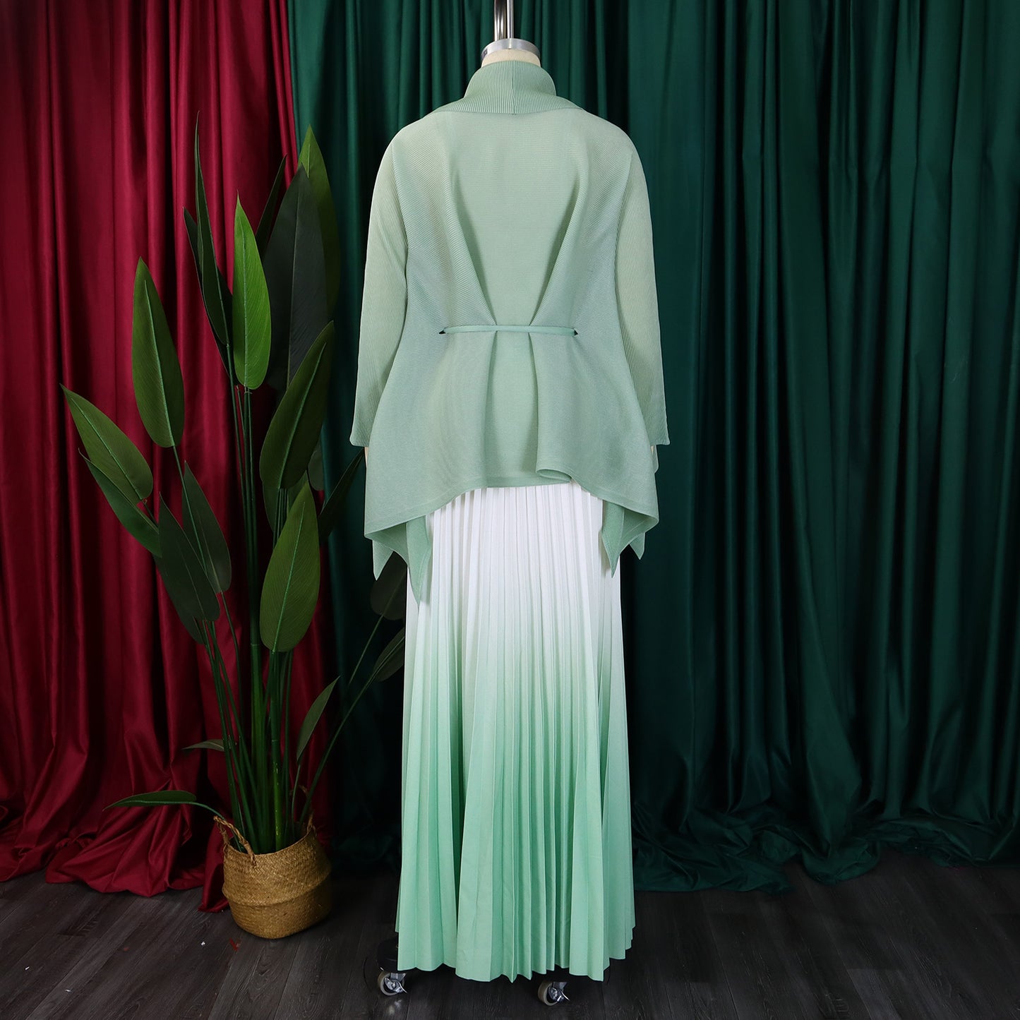 CM.YAYA Gradient Women's Set Full Sleeve Belt Blouse Shirt +Pleated Long Skirts Suit Street Two 2 Piece Set Outfit Tracksuit