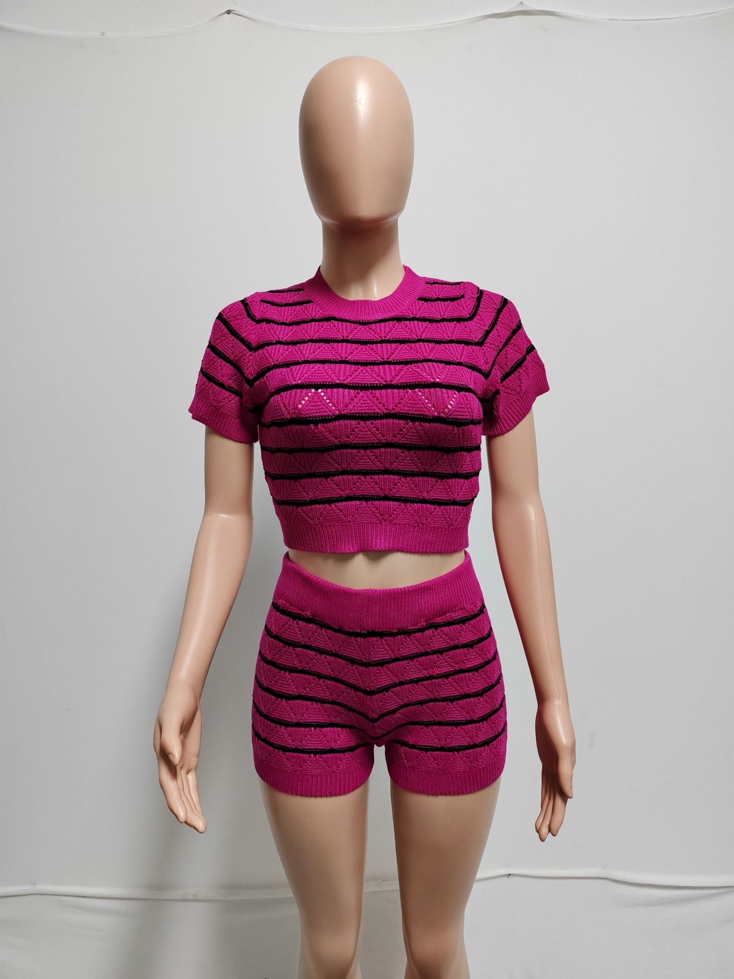 CM.YAYA Women's Set Short Sleeve Top and Shorts 2024 Summer Two 2 Piece Set Outfit Striped Knitted Ribbon Beach Tracksuit