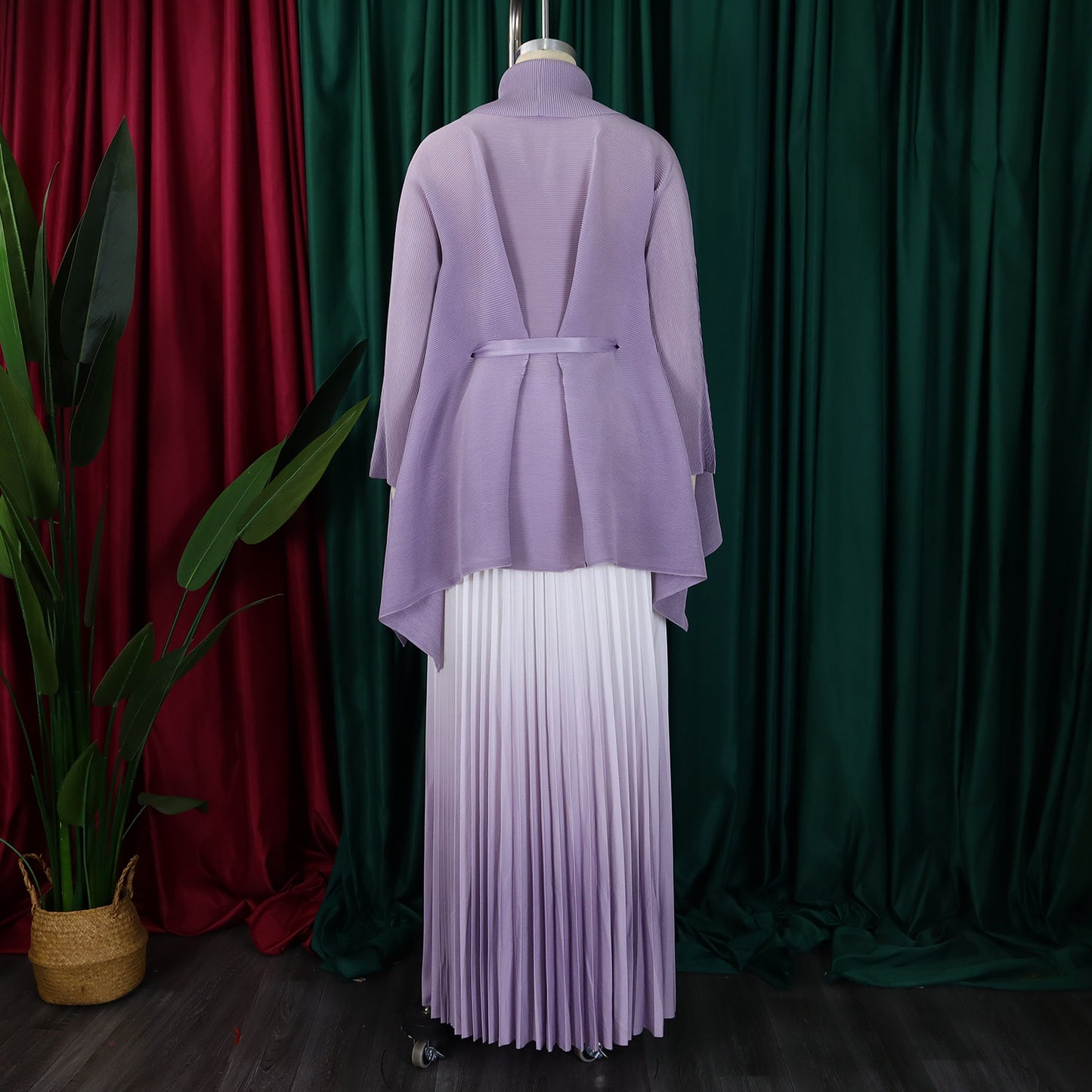 CM.YAYA Gradient Women's Set Full Sleeve Belt Blouse Shirt +Pleated Long Skirts Suit Street Two 2 Piece Set Outfit Tracksuit