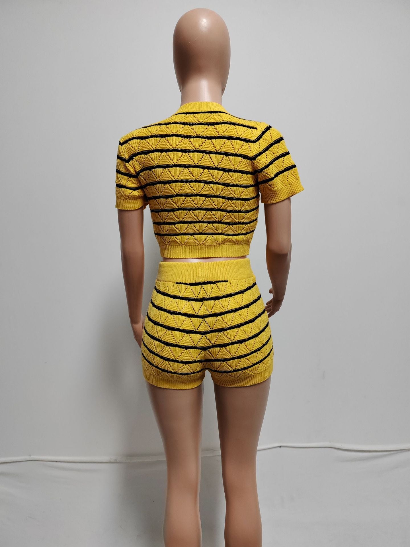 CM.YAYA Women's Set Short Sleeve Top and Shorts 2024 Summer Two 2 Piece Set Outfit Striped Knitted Ribbon Beach Tracksuit