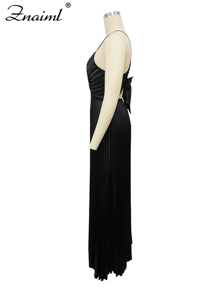 Znaiml Elegant Satin Pleated Vacation Burgundy Maxi Dress Women V-neck Straps Backless Bow Tie Long Vestidos Birthday Clubwear