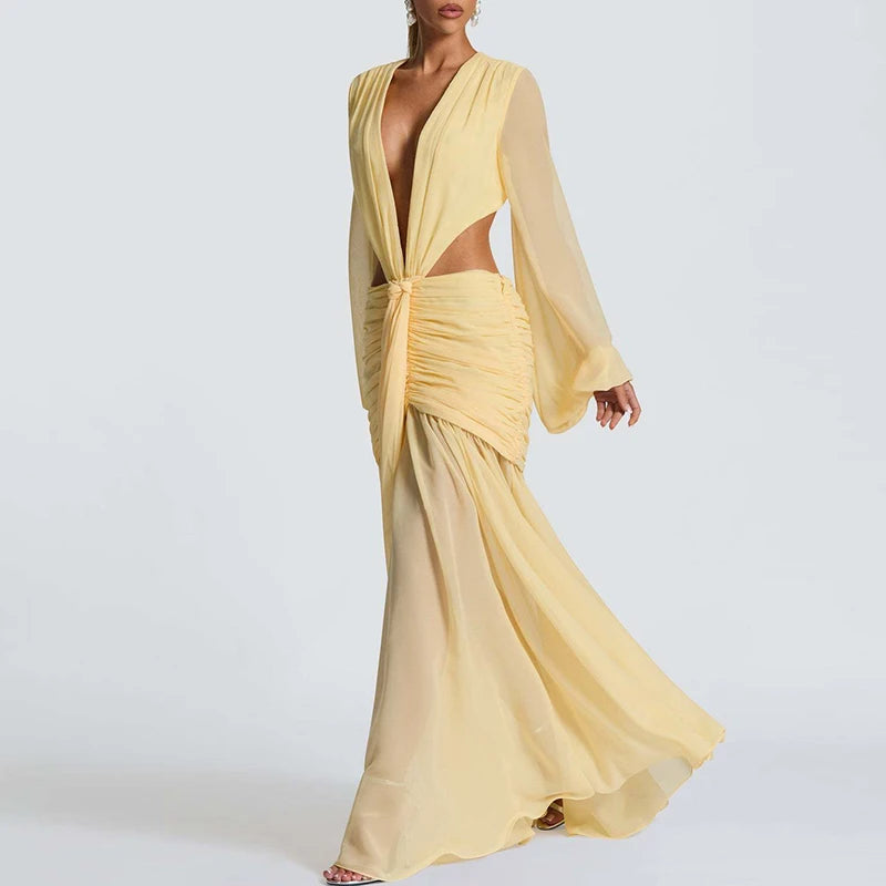 2025 New Autumn Long Sleeved Pleated Evening Dress Elegant Hollow High Waist Robe Dress Casual Women Chiffon Deep V Party Dress